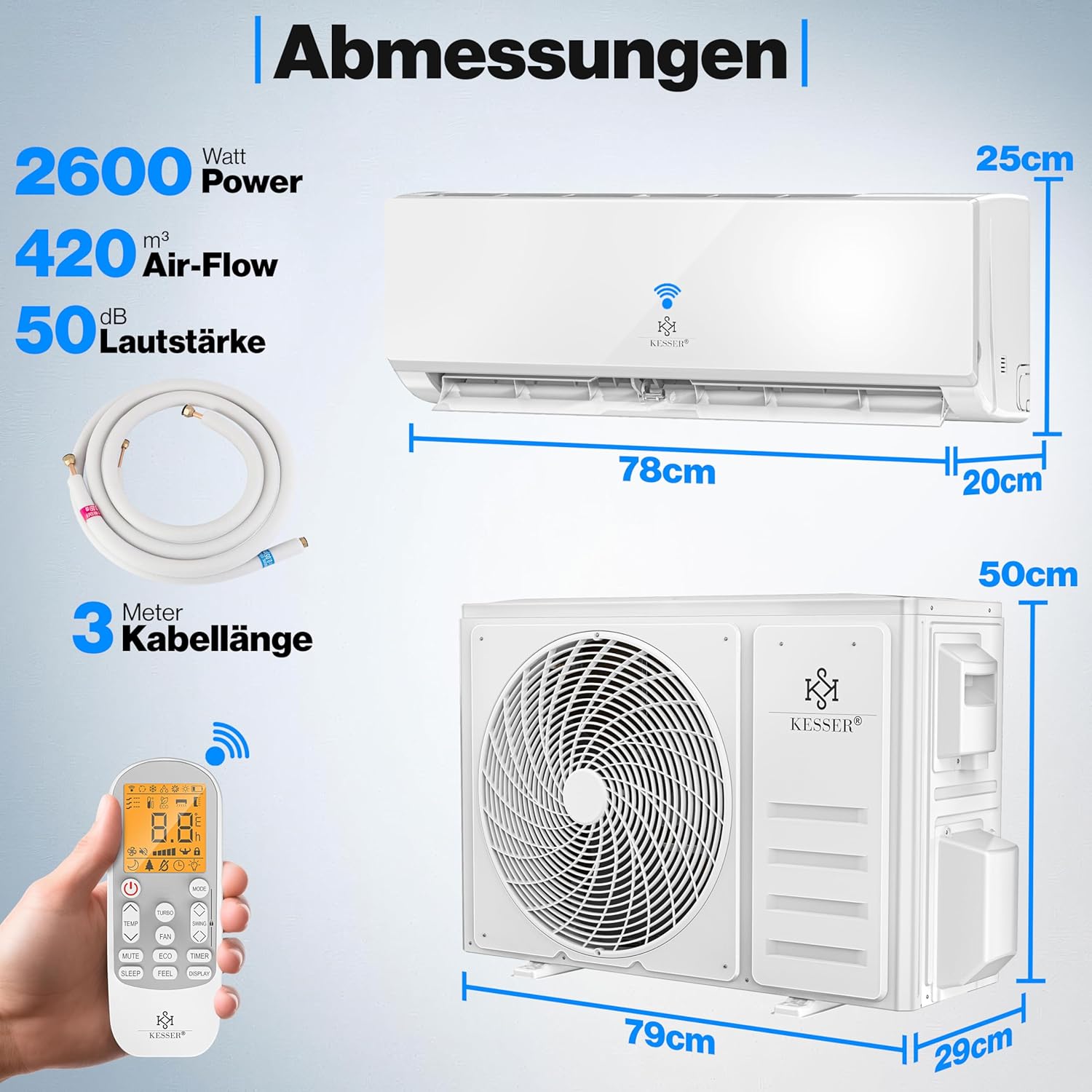 KESSER® Klimaanlage Set Split, WiFi/App Funktion Klimagerät, Kühlen A++/Heizen A+ -9000 BTU/h (2.600 W) sehr leise, Kältemittel R32, Fernbedienung, Timerfunktion, Montagematerial [Energieklasse A++]