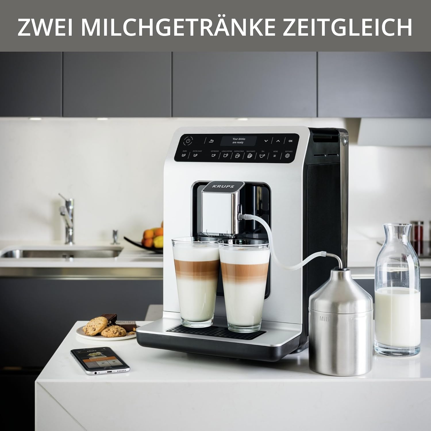 Krups Evidence Kaffeevollautomat mit Milchschaumdüse & 2-Tassen-Funktion, für Espresso, Cappuccino & Latte Macchiato mit cremigem Milchschaum & automatischer Reinigung, Silber/Schwarz, EA891D10
