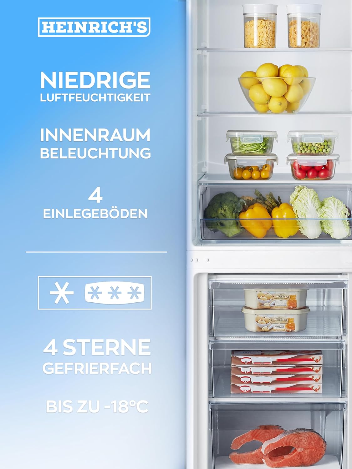 Heinrich´s Kühlgefrierkombination 269 Liter, Kühlvolumen 198L, Gefrierfach 71L,LED Beleuchtung,Kühlschrank Türanschlag wechselbar, leise 39dB,große Tiefkühlboxen, 7 Temperaturstufen, (inox-schwarz)