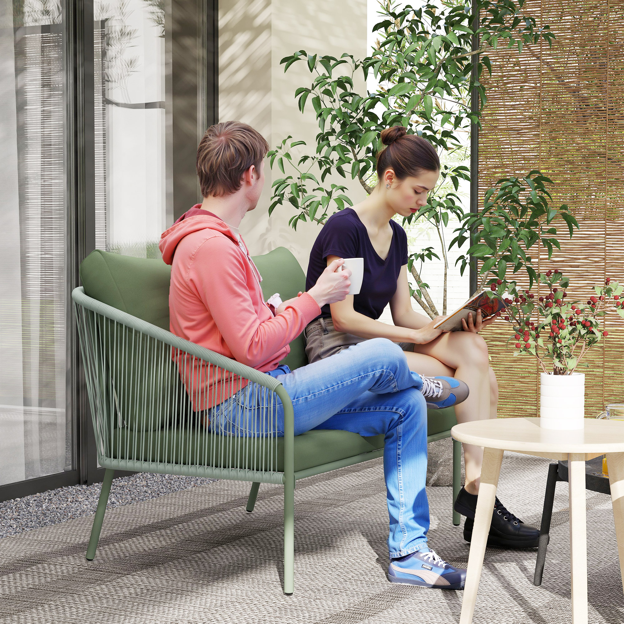 Outsunny Tuinsofa met Kussens Tweezitter Rotan Loungebank voor Buiten Balkon 112 x 72 x 76 cm Groen