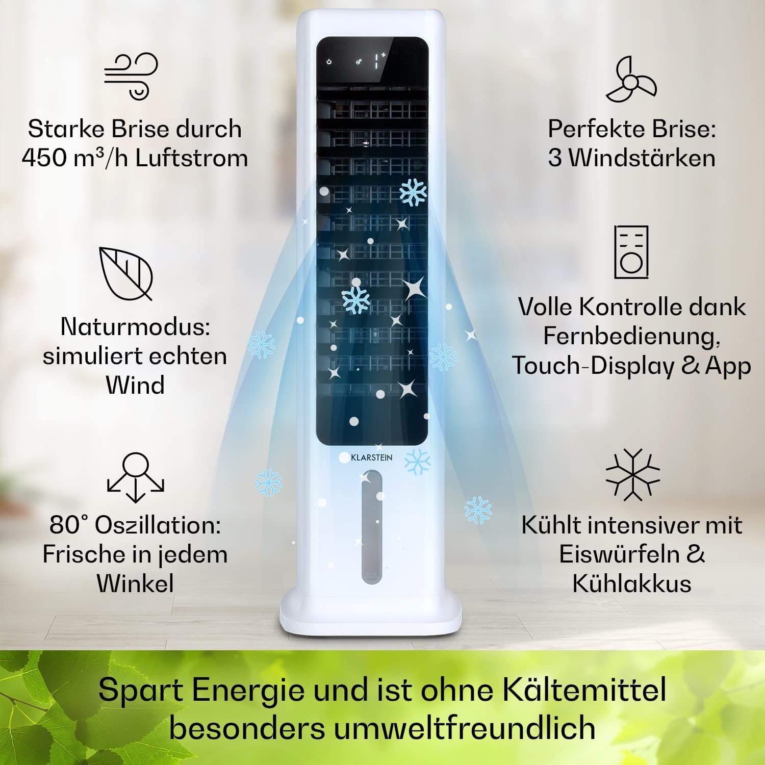 Klarstein Luftkühler mit Wasserkühlung, 5-in-1 Verdunstungskühler, Luftbefeuchter, Ventilator & Luftreiniger, Mobile Klimageräte Luftkühler mit App-Steuerung, 80W Air Cooler, 462m³/h Luftstrom, Weiß