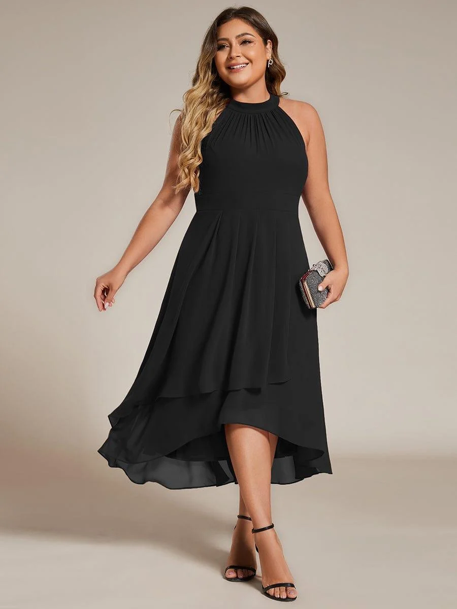Damen Chiffon Midi-Kleid in A-Linie | Festliches Halterneck Kleid mit Plissee-Details | Sommerliches Kleid f��r Hochzeitsg?ste