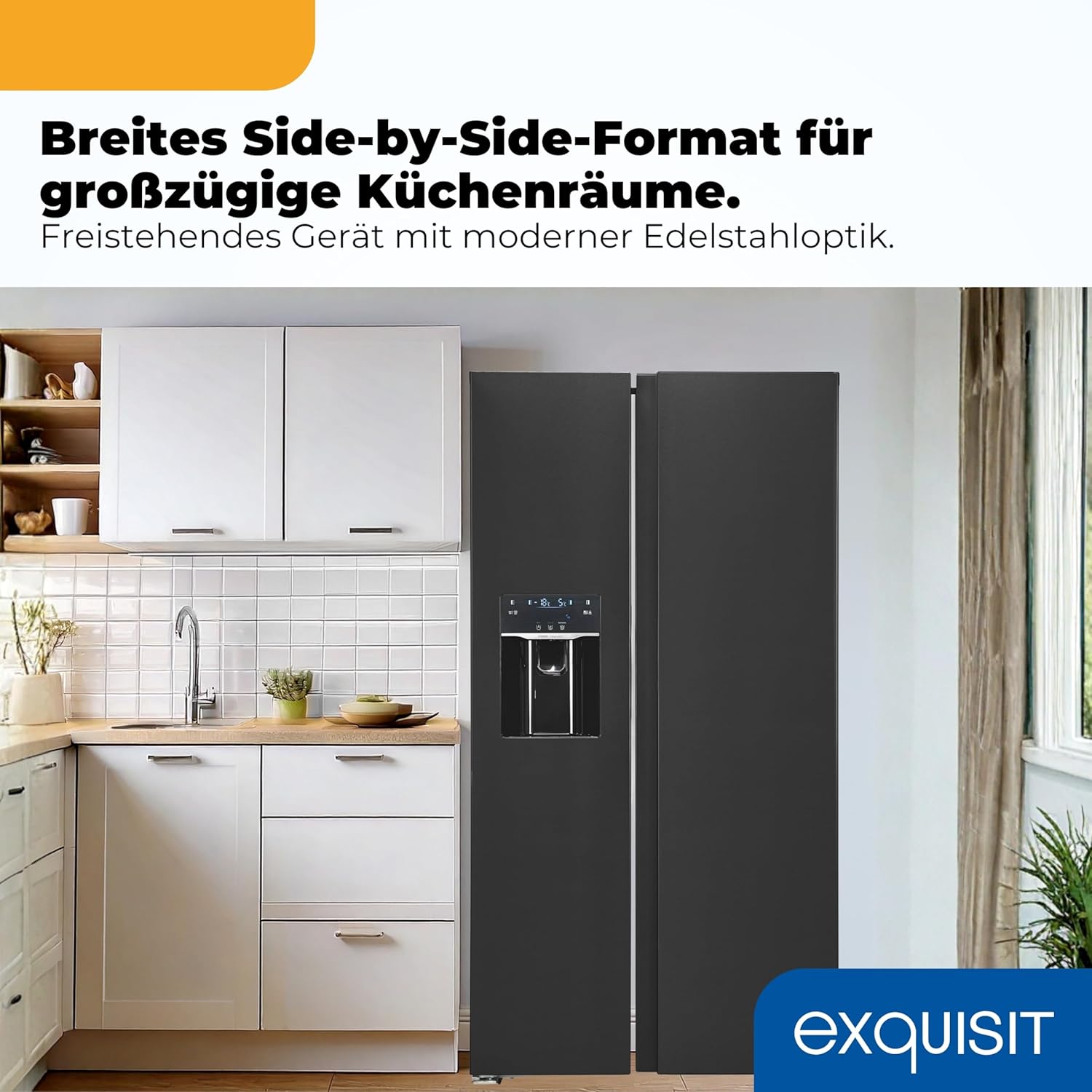 Exquisit Side by Side Kühl-Gefrierkombination | 513 l Nutzinhalt, Energieeffizienzklasse E, 39 dB, No Frost, Schnellgefrieren, Wasserspender, Ice-Maker, LED-Beleuchtung | SBS5520-CF-040E inoxlook-az