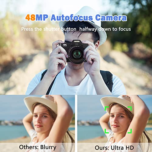 CCN Fotocamera Digitale 4K 48MP, Fotocamera con schermo 3.0" ribaltabile a 180°, fotocamera compatta con zoom digitale 16X, obiettivo grandangolare e obiettivo macro, scheda TF da 64GB, WiFi, nero : Elettronica