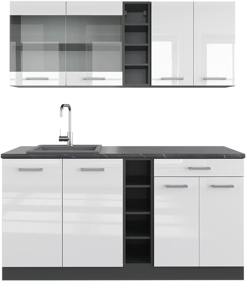 Vicco Singleküche R-Line, Weiß Hochglanz/Anthrazit, 160 cm ohne Arbeitsplatte