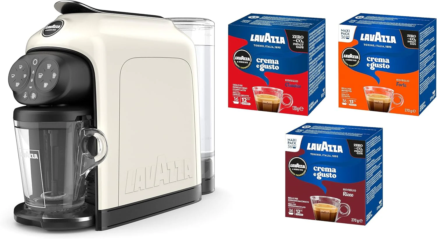 Lavazza, A Modo Mio Kaffeemaschine Des��a White Cream mit 88 Kapseln Crema und Geschmack sortiert, Espresso 1500 W, 220-240 V, 50/60 Hz, Kapazit?t max. 10 Kapseln und 1,1 Liter Wasser