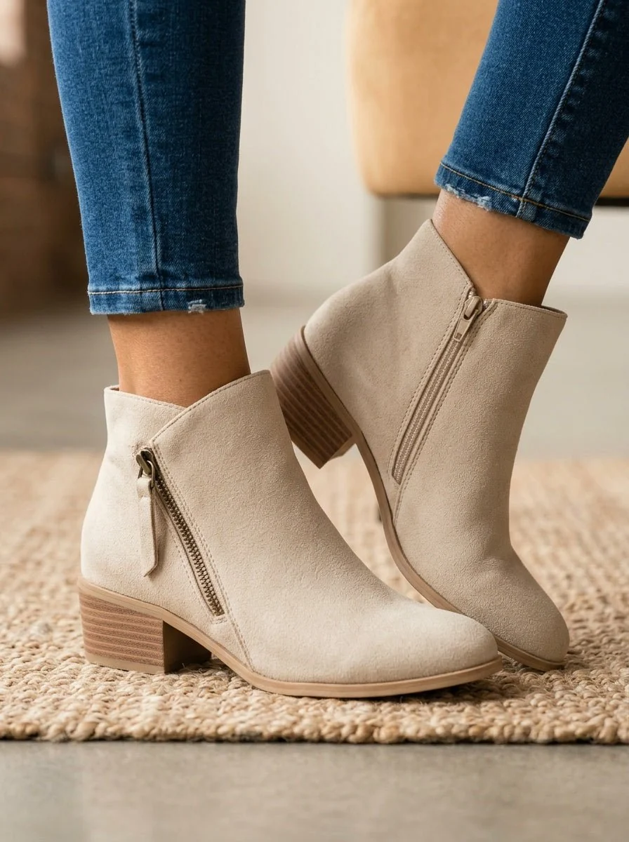 Damen Stiefeletten aus Wildleder mit bequemem Blockabsatz und praktischem Seitenrei?verschluss f��r herbstliche Outfits