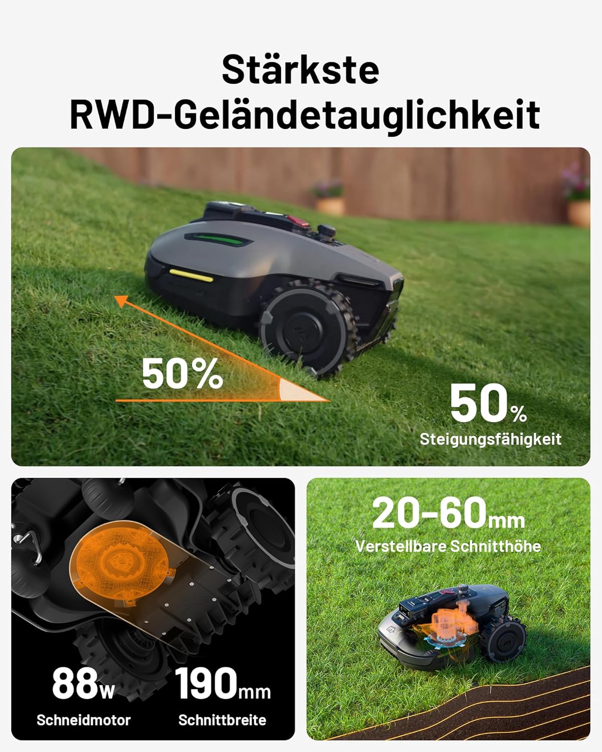 MAMMOTION YUKA Mini 700 Mähroboter ohne Begrenzungskabel, NetRTK+Vision, Keine RTK-Antenne erforderlich, Auto-Kartierung, Empf. 700m², Max. 1100m², mit 4G-Modul, 50% Steigung