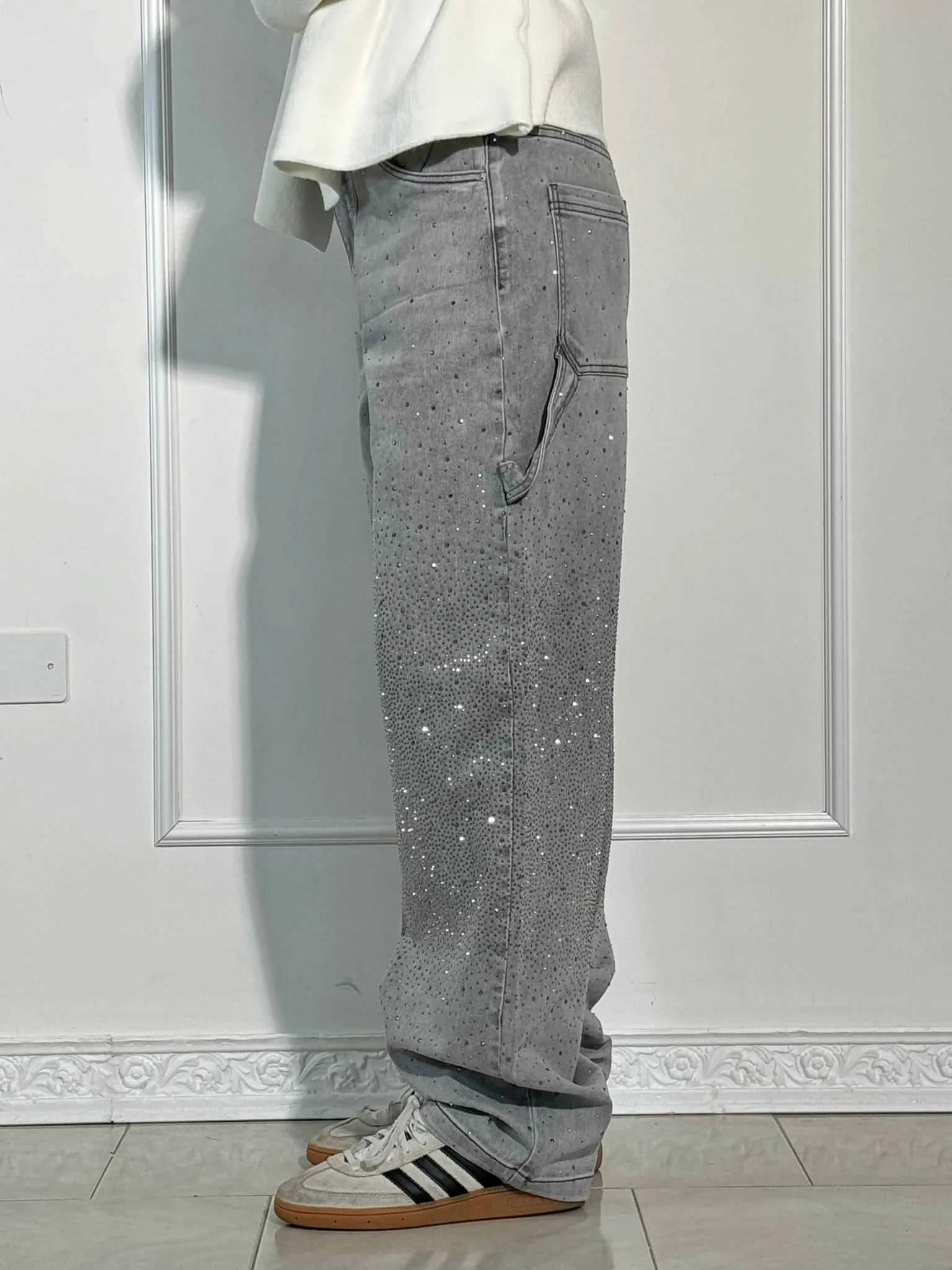 Damen Baggy Jeans mit Glitzer-Applikationen | Weite Wide Leg Denim Hose im Balloon-Schnitt | Bequeme Damenjeans aus Baumwolle