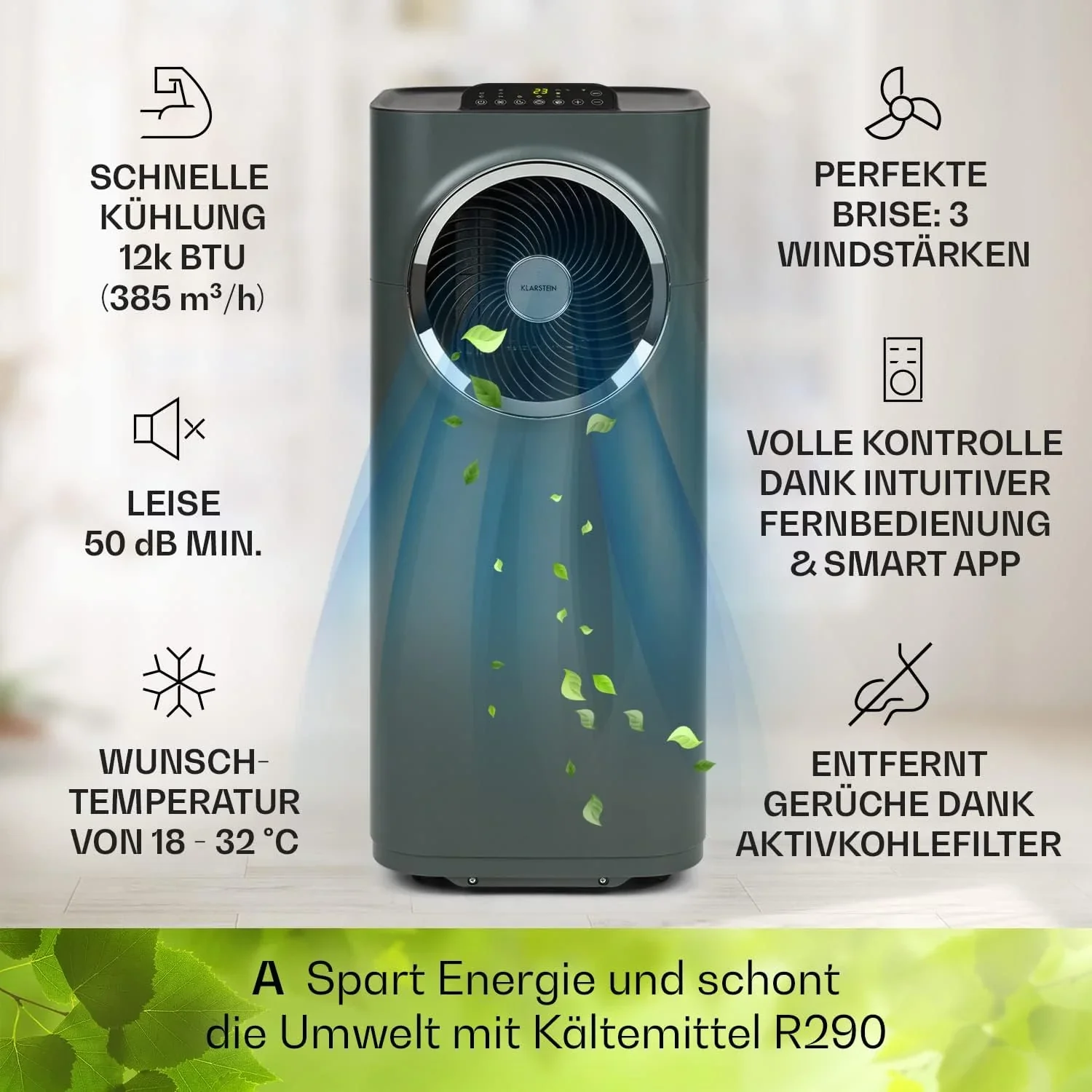 Klarstein Mobile Klimaanlage mit Abluftschlauch, 5-in-1 Klimager?t, Ventilator, Luftentfeuchter, Luftreiniger & Nachtmodus, App-Steuerung, Kleine & Portable, f��r Wohnung & B��ro, 12000 BTU