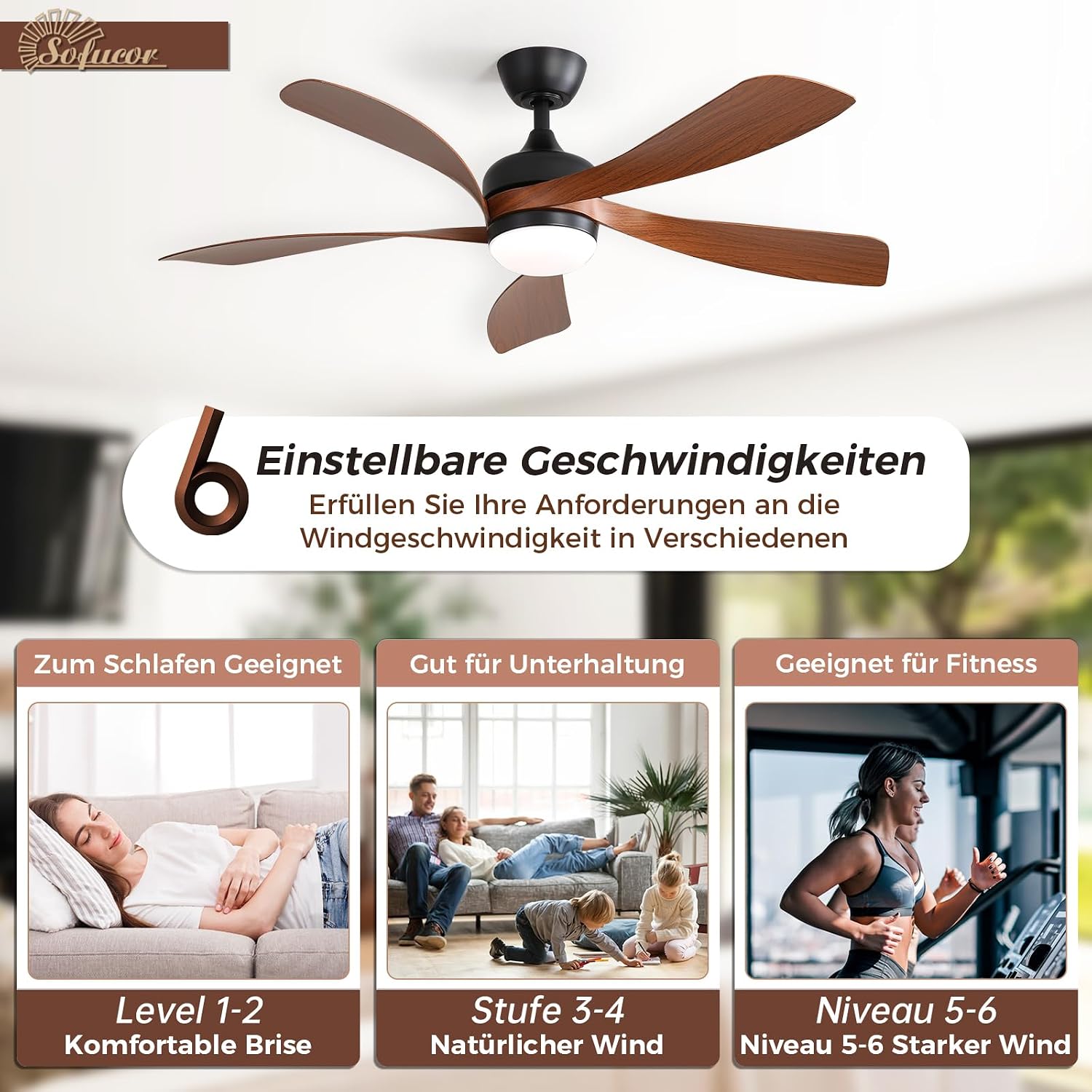 Sofucor Ventilateur Plafond avec Lumiere et Telecommande, 132 cm Dimmable Lampe Ventilateur Plafond LED, 6 Vitesses, DC Silencieux Réversibles, Minuterie, pour Chambre