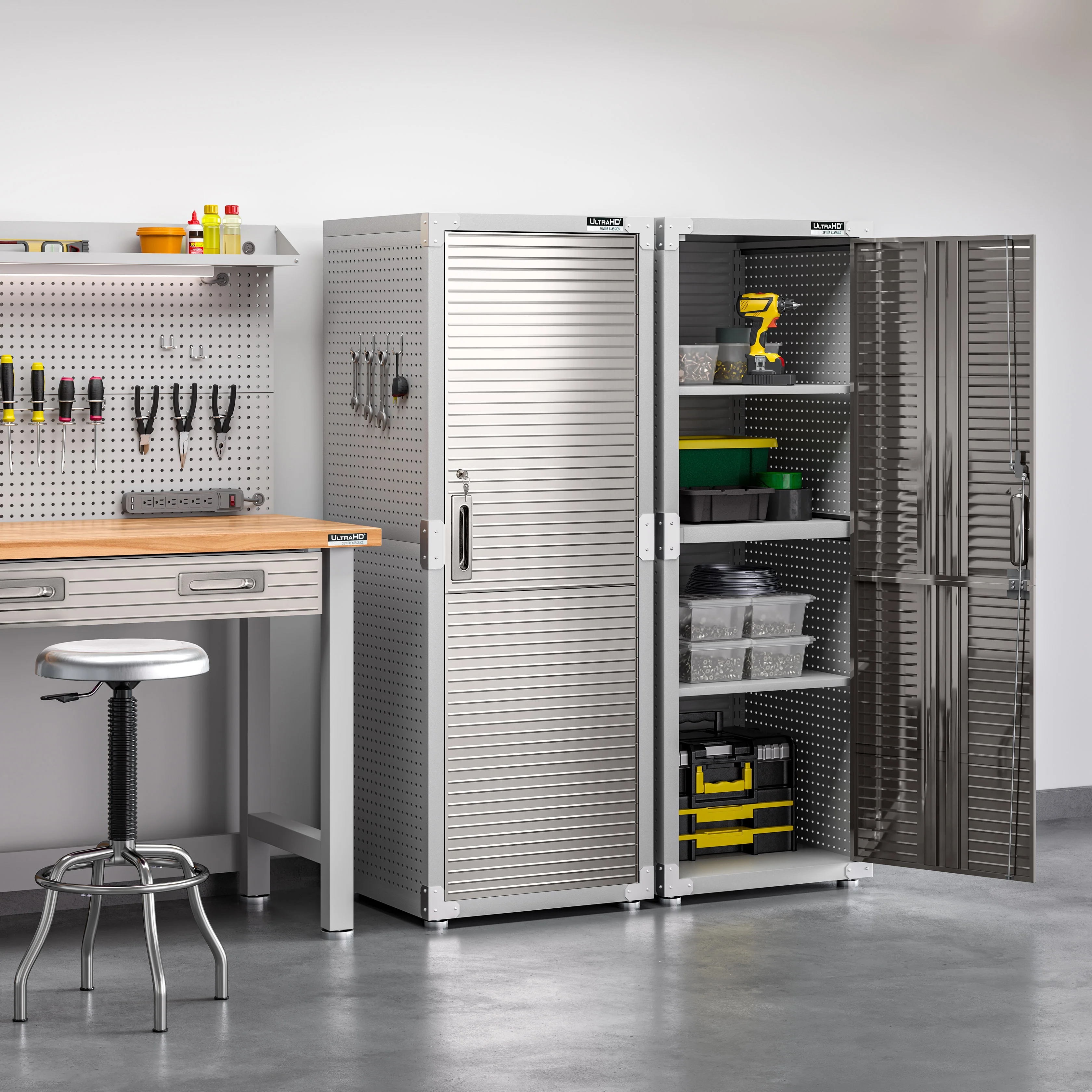 2025 Robuuste gereedschapskast van massief staal met RVS-deur, 61 x 46 x 168 cm, afsluitbaar, 4 legplanken, granietafwerking, UltraGuard? coating, draagvermogen 317 kg