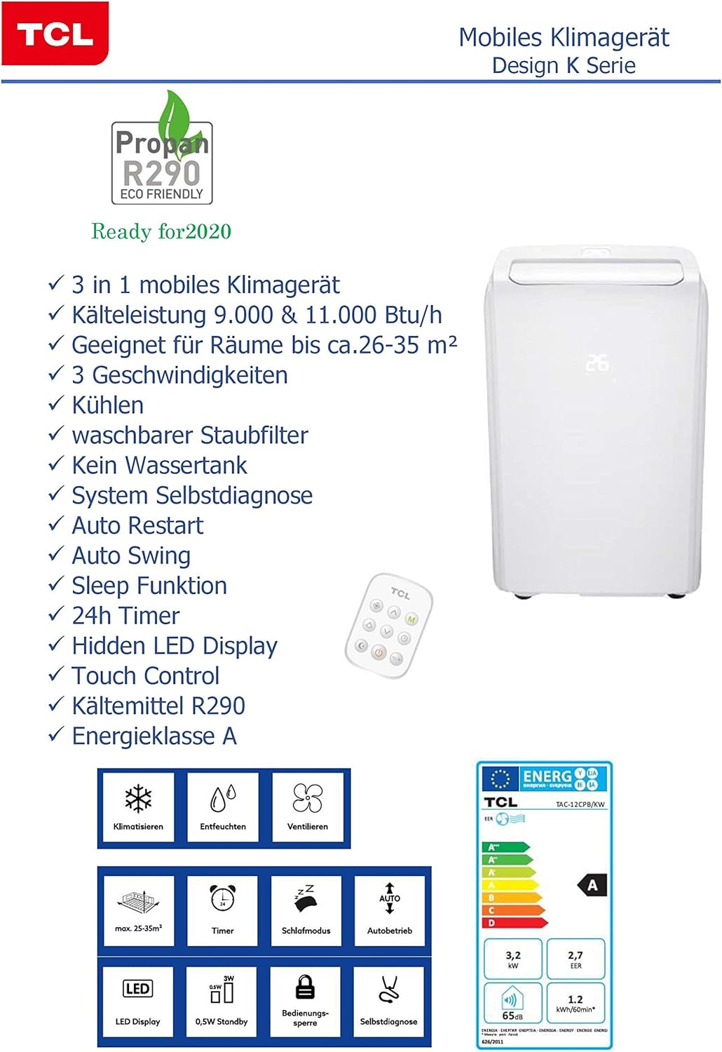 Mobile Klimaanlage mit Heizfunkztion 12000 BTU bis 32m² mit Abluftschlauch (1,5m), Timer und Entfeuchtermodus