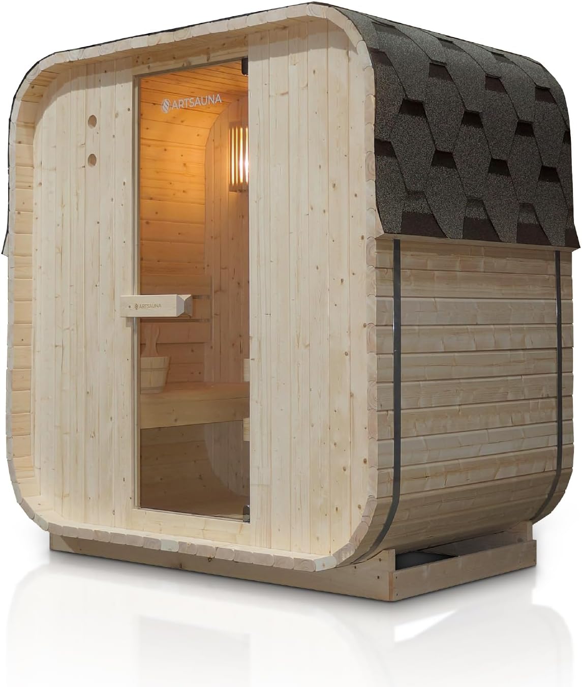 Artsauna Fasssauna Nolvik M, Outdoor-Sauna aus Fichtenholz, 3,6 kW Ofen, LED, Komplettset mit Sanduhr, Eimer & Thermometer, Winterfest, Cube Design