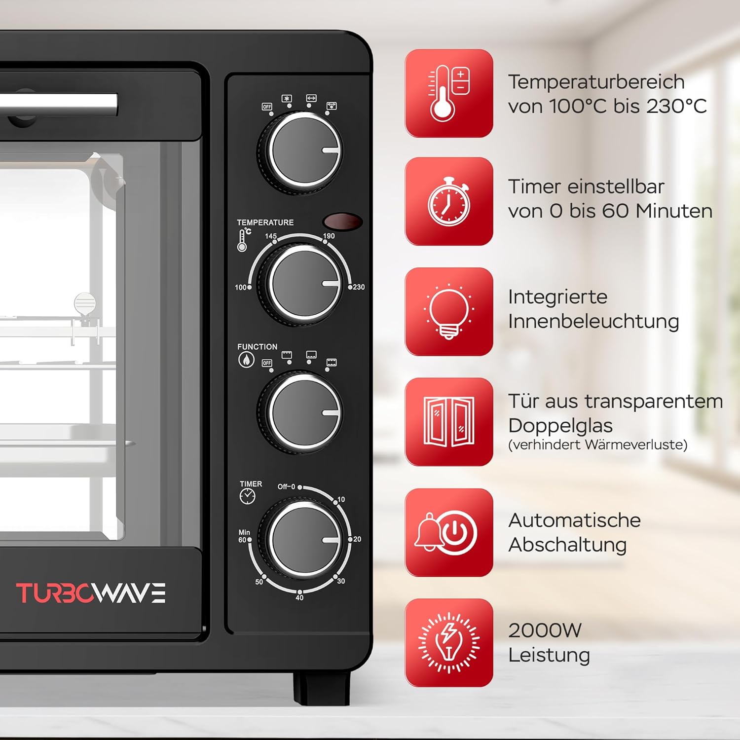 TurboTronic Minibackofen mit Umluft 45L schwarz 2000W, Drehspieß, Timer, Mini Backofen, Pizzaofen, 2 Backbleche, Grill