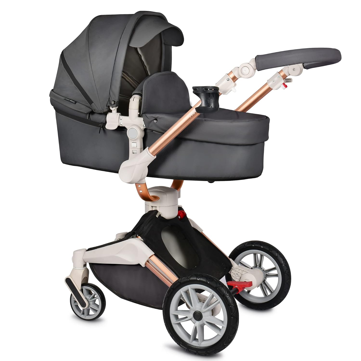 Hot Mom Kinderwagen set mit 360° Drehfunktion, Kombikinderwagen 3-in-1. Ausgestattet mit PU-Reifen und Kunstledersitz und viele weitere Zubehören, Dunkelgrau