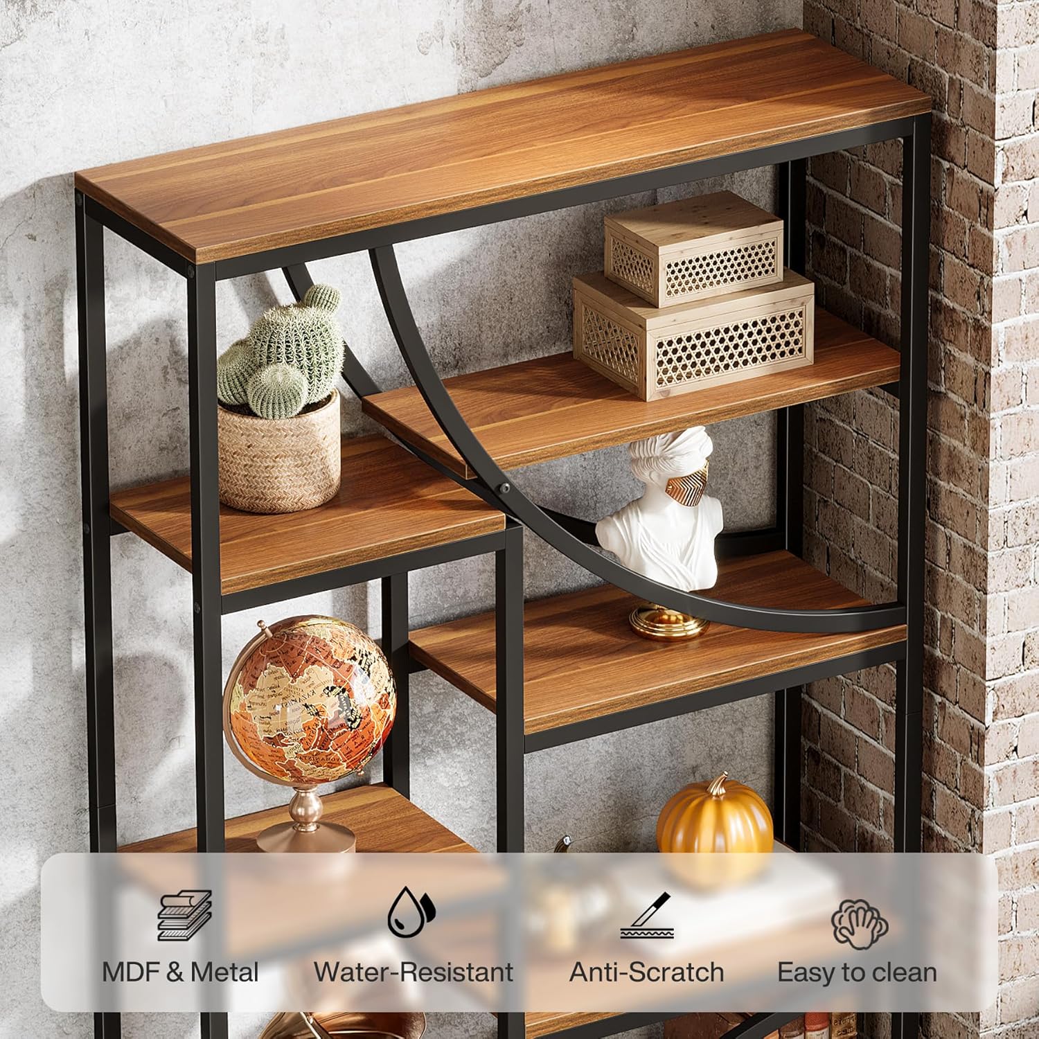 Tribesigns Bücherregal, 180 cm Regal mit 9 Ebenen, Großer Geometrischer Bücherschrank mit Offenen Fächern, Frei Stehendes Holz- & Metall Standregal für Wohnzimmer, Industrie-Design, Braun & Schwarz
