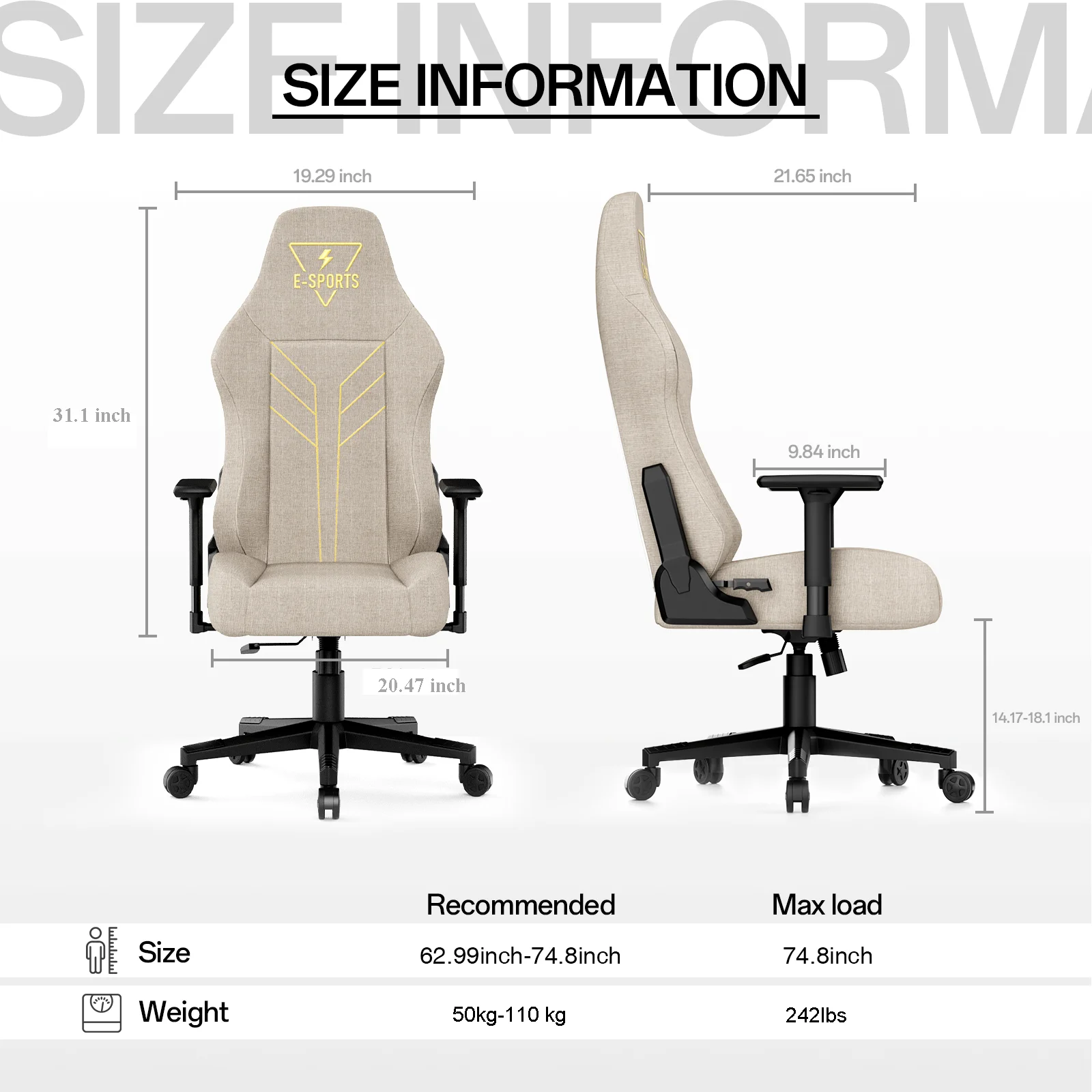 2025 Bigzzia Ergonomische Gamingstoel met Hoge Rugleuning, 3D-armleuningen, Verstelbare Hoogte, 360�� Draaibaar �C Beige