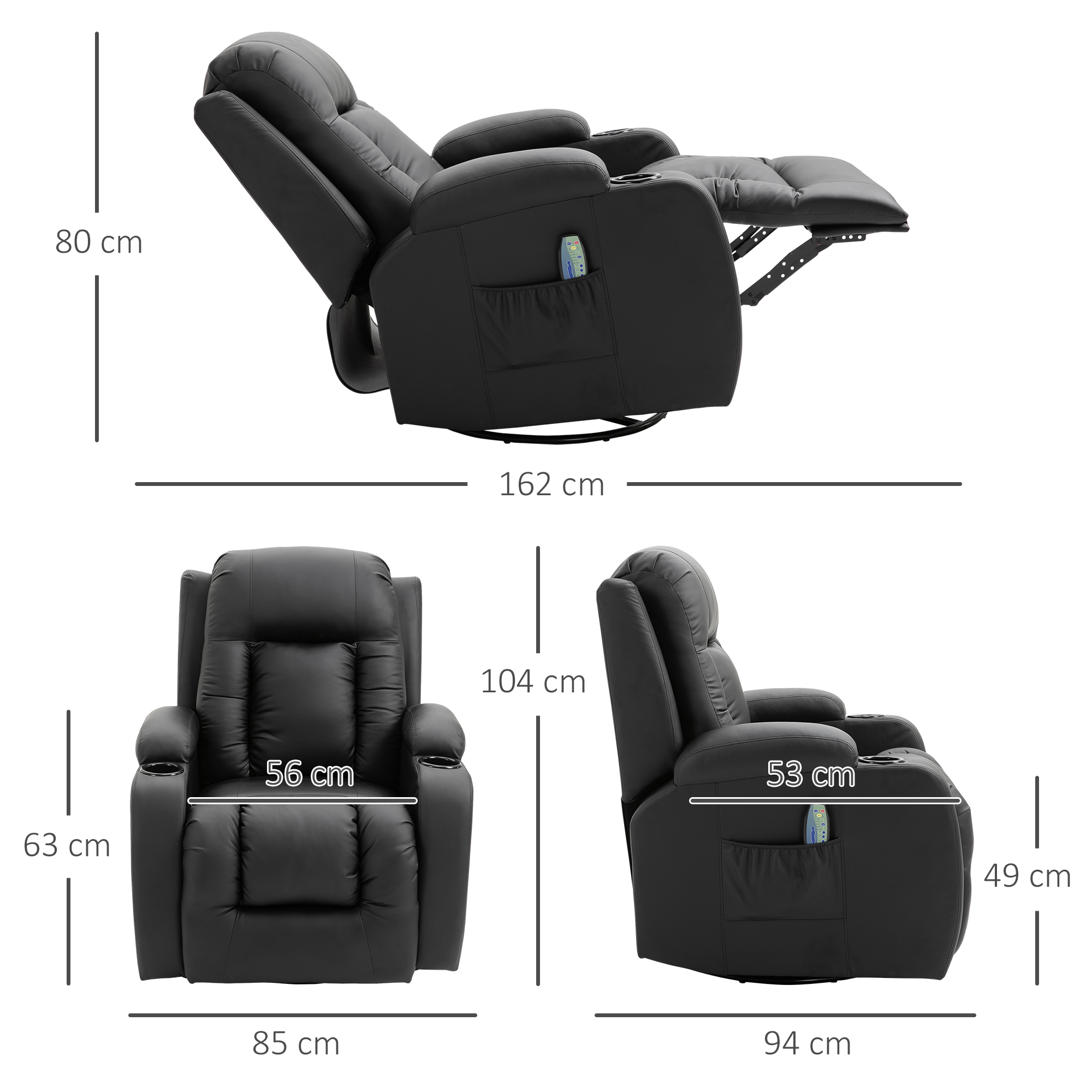HOMCOM Massagestoel, relaxstoel, schommelfunctie, 8 vibratiepunten, inclusief afstandsbediening, zwart