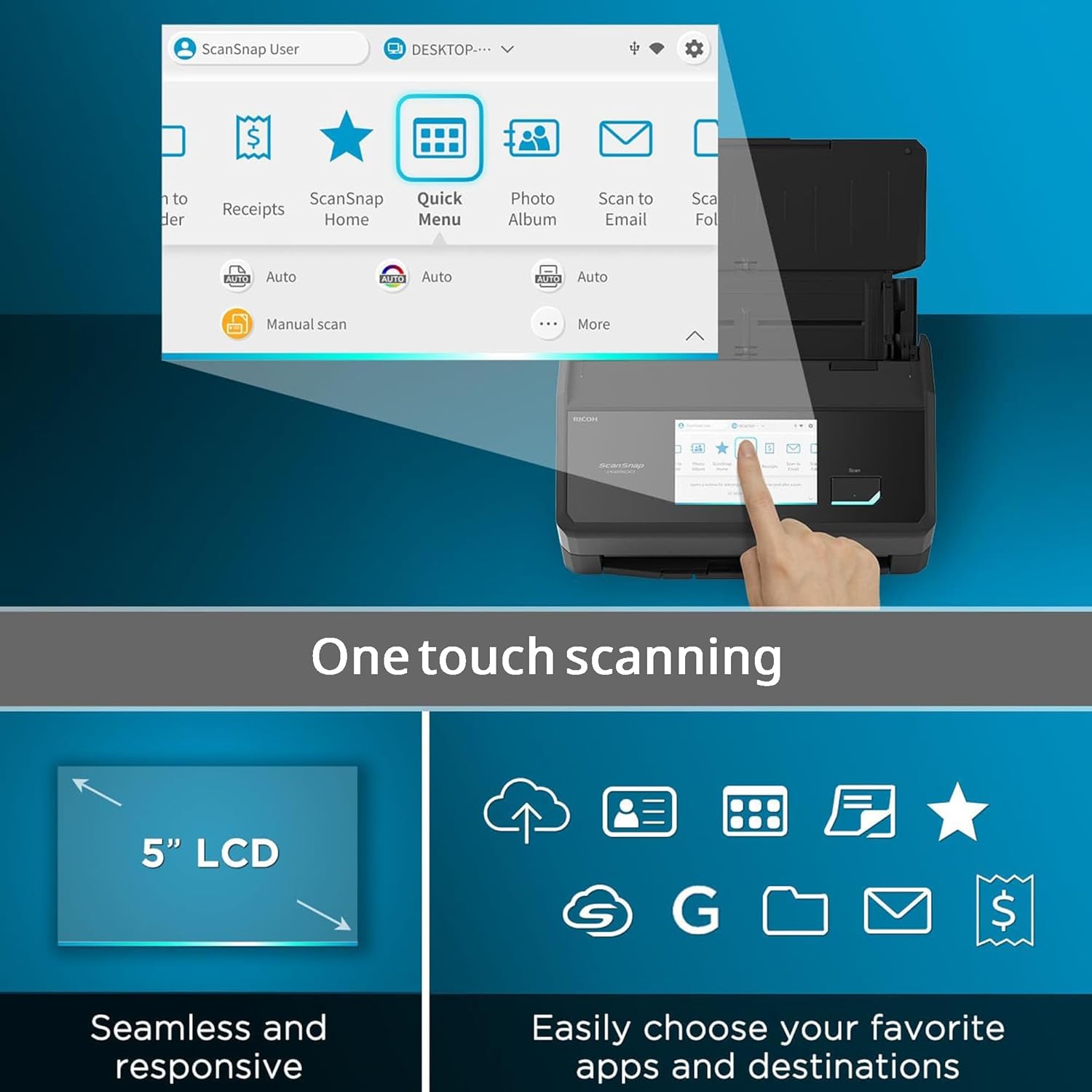 ScanSnap iX2500 Schwarz – Ultraschneller Duplex-Scanner mit 45 S./Min., 100-Blatt-ADF, 600DPI, 5″ Touchscreen, WLAN/Bluetooth/USB-Konnektivität