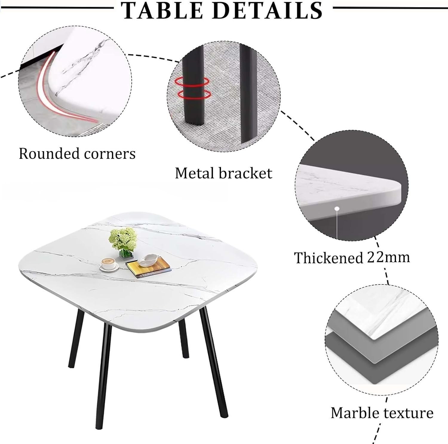 Dining Table Set with 4 Chairs, small Round Dining Table 90 cm, for 4-6 People, for Dining Room, Kitchen, Living Room, modern Kitchen Chairs,Square White