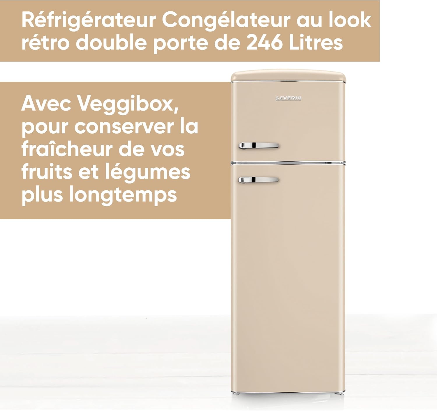 Severin Réfrigérateur Congélateur 2 portes, Pose libre, Réfrigérateur Double Porte avec Congélateur Largeur 55 cm, 246 L, Classe D, Look Rétro, Crème, RKG 8985