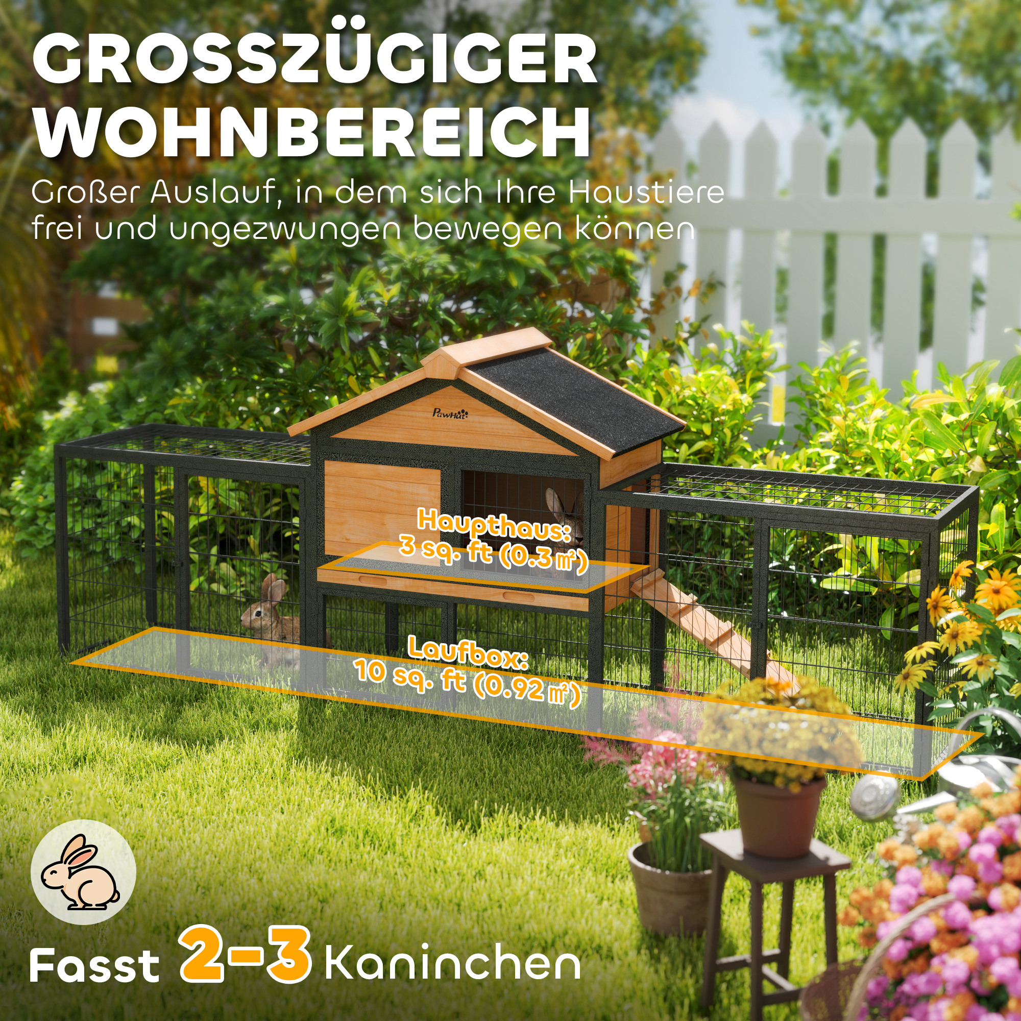 PawHut Konijnenhok 2 Niveaus Winterbestendig met Vrijloopren 217x53x86 cm, Geel