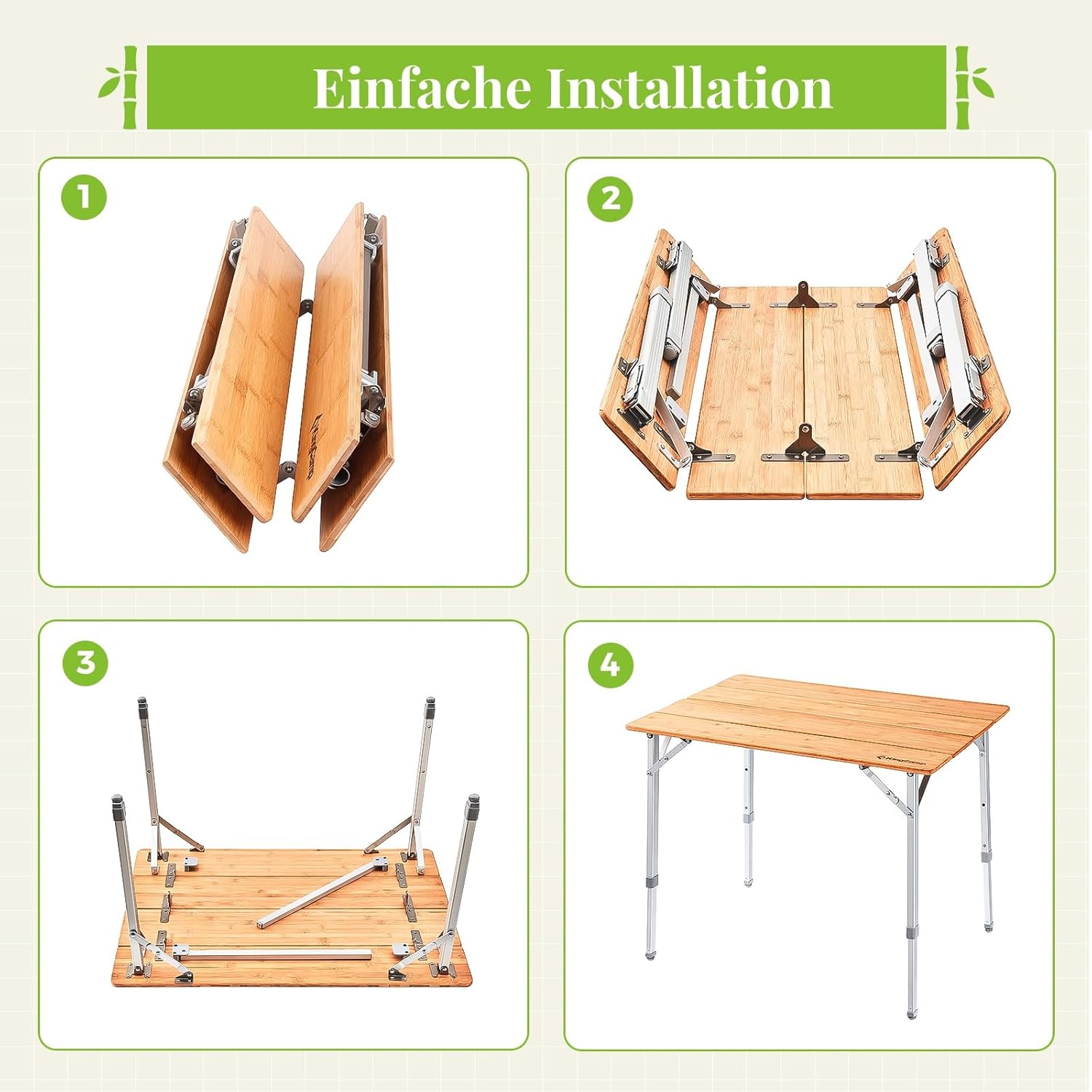 KingCamp Campingtisch Bambus Klapptisch höhenverstellbar (45/52 / 65 cm) für 4-6 Personen Campingtisch klappbar 4 Falten mit Tragetasche belastbar bis 80 kg,100 x 65 cm,L