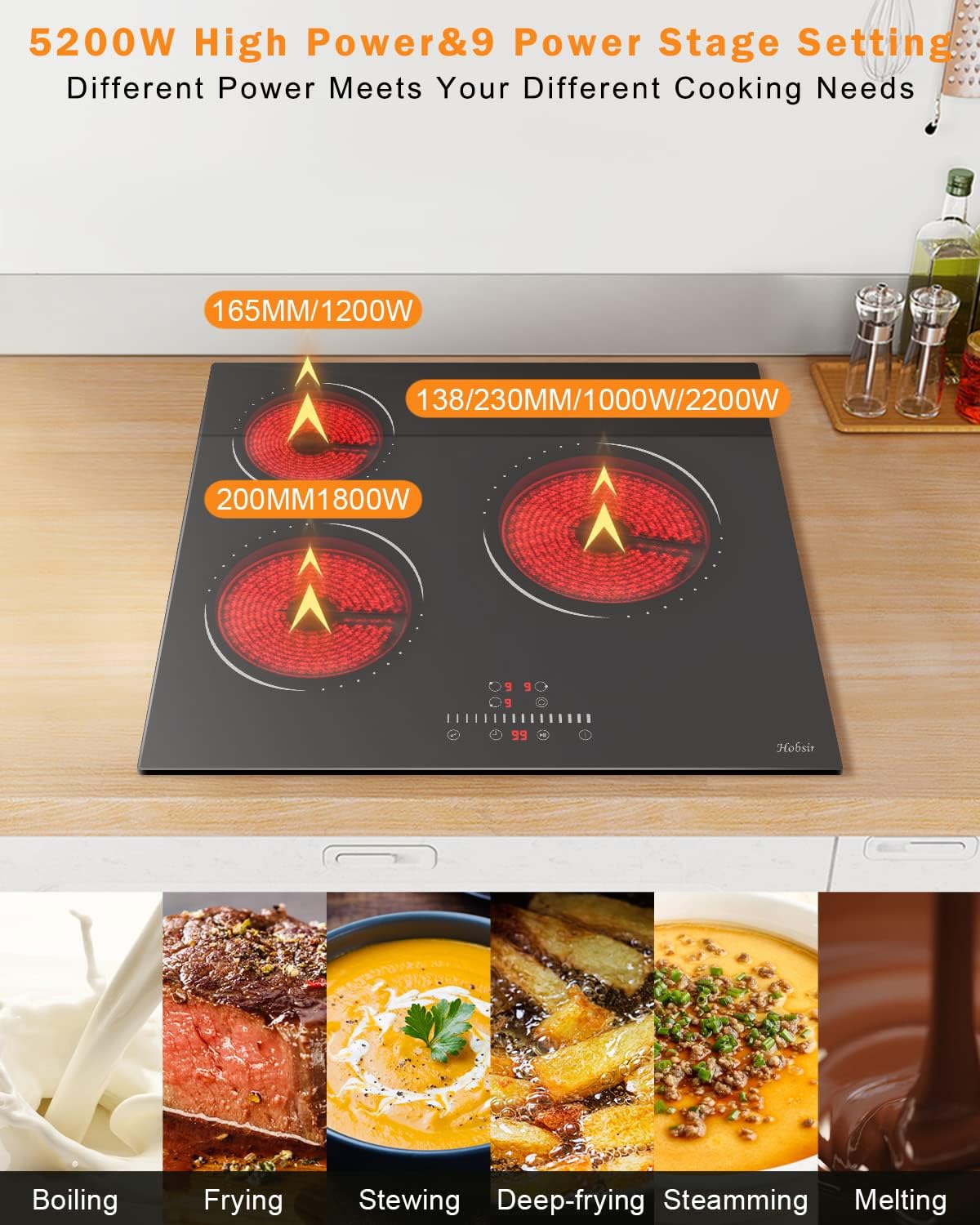 Glaskeramikkochfeld 4 Zonen Kochfelder Sensor-touch Control Kochfeld Autark 60cm, 6000W, 9 Leistungsstufe, verkabelt, kein Stecker