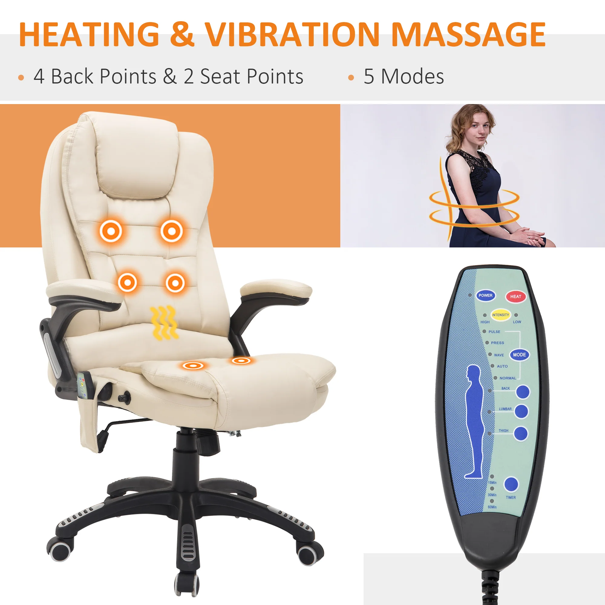 Executive bureaustoel met massage en verwarming, hoge rug PU-lederen bureaustoel, beige