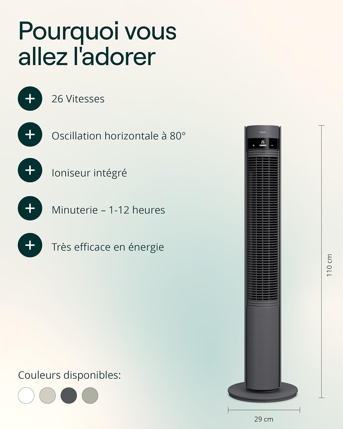 Duux Elevate Smart Ventilateur Tour - 26 Vitesses, 80° Oscillation, Seulement 25dB, Ionisateur, Minuterie (1–12h), Mode Sommeil, Tactile & Télécommande - Ventilateur Silencieux pour Chambre/Bureau