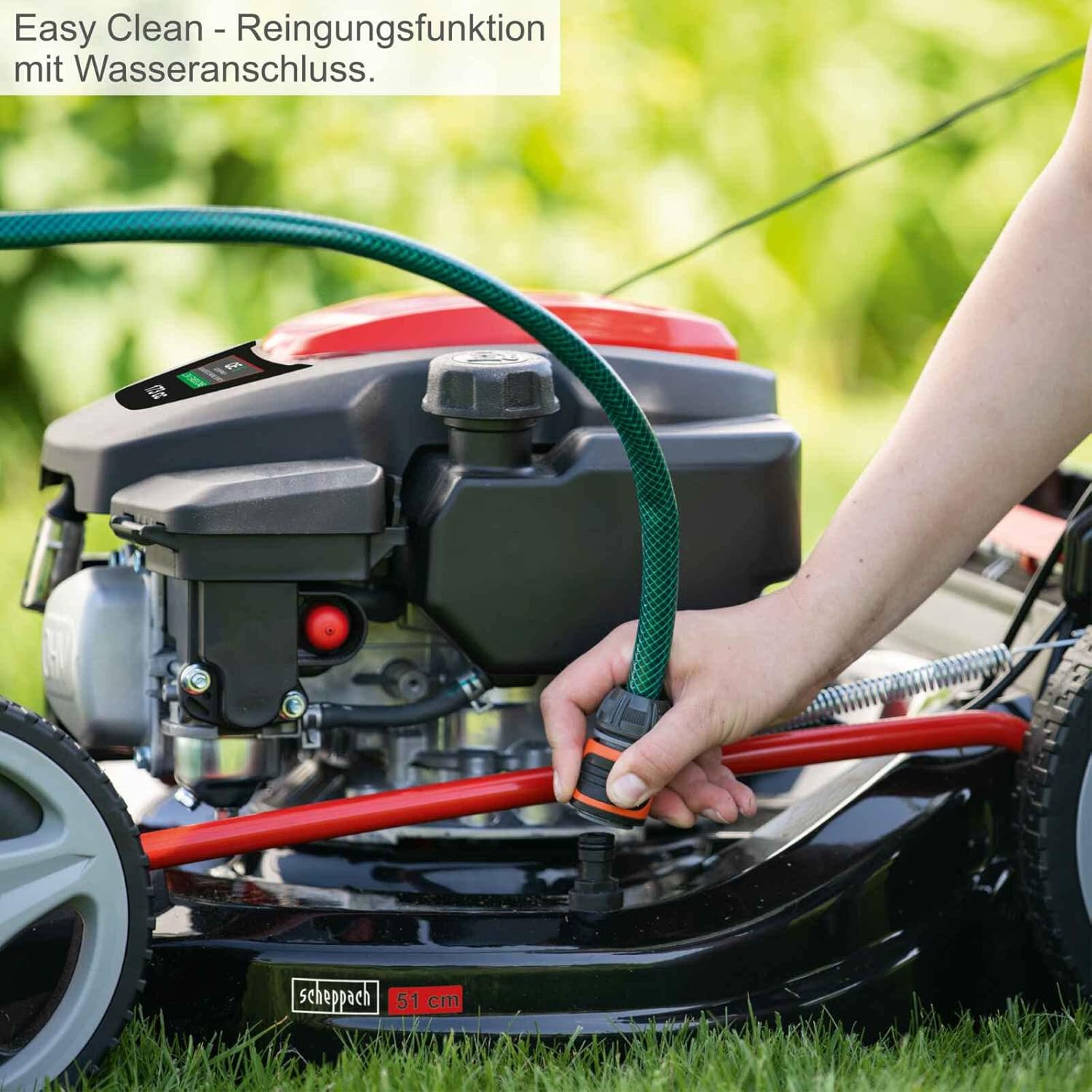 Scheppach MS161-46 Benzin Rasenmäher - 46 cm Schnittbreite | 55 Liter Fangkorb | Stahlgehäuse | 7-stufige Höhenverstellung | Mulchfunktion | Radantrieb | Seitenauswurf | inkl. Motoröl