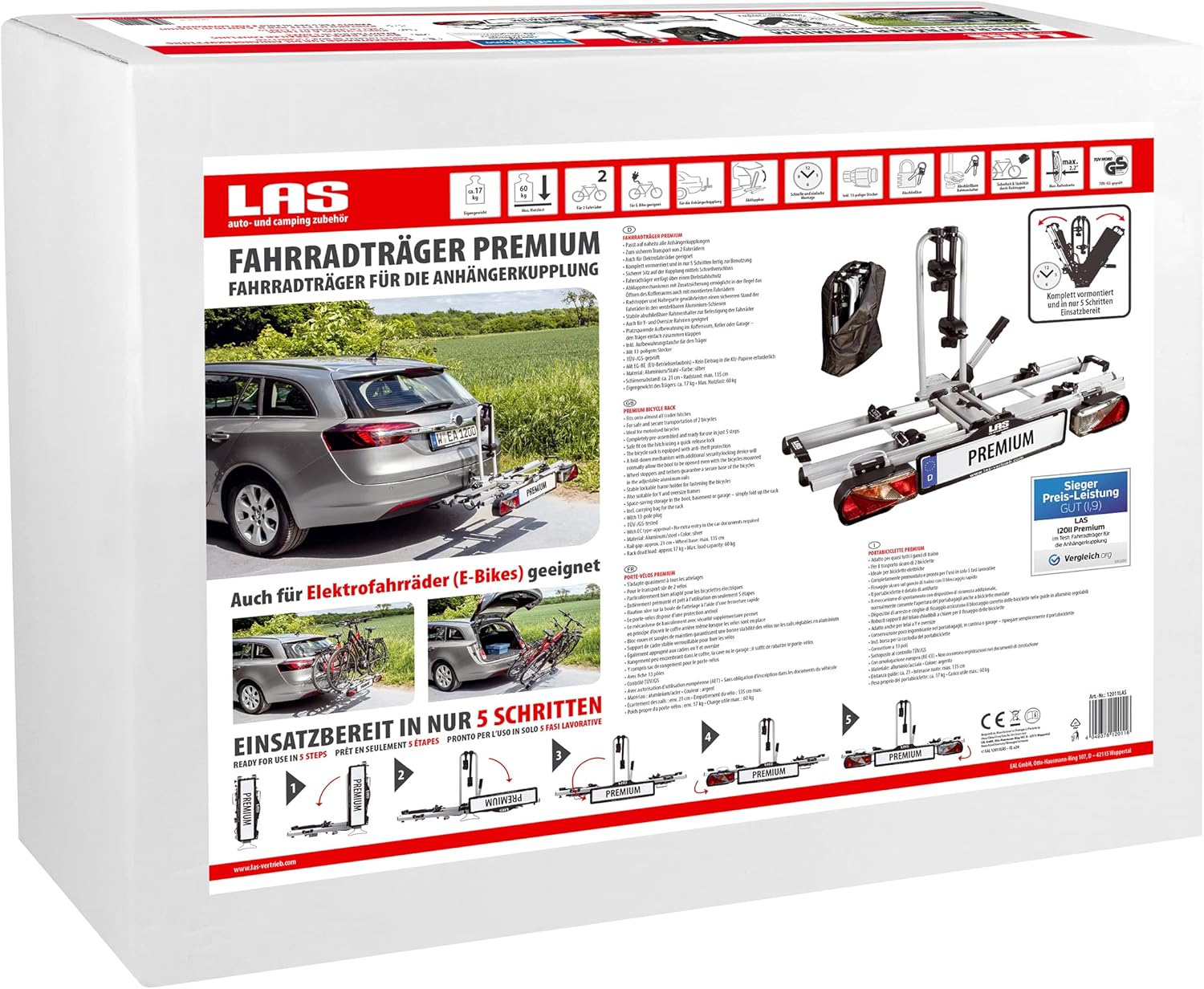 EUFAB 12010LAS Fahrradträger POKER-F, E-Bike geeignet, komplett vormontiert, Diebstahlschutz, für 2 Fahrräder, für Anhängerkupplung, Schwarz, 142 x 70 x 58 cm