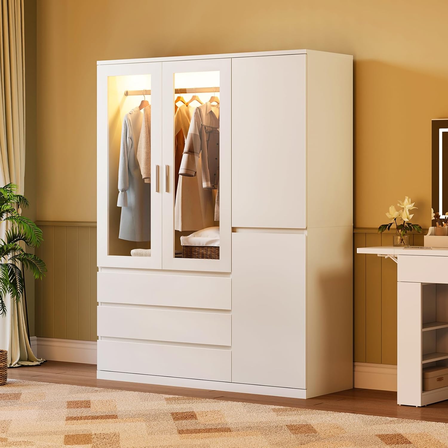 Dripex Vier Tore Schrank, Minimalistischer Wardrobe Closet mit Einer Kleiderstange und 3 Schubladen | 120 x 48 x 180cm | Weiß, Kleiderschrank für Schlafzimmer Kleiderschränke