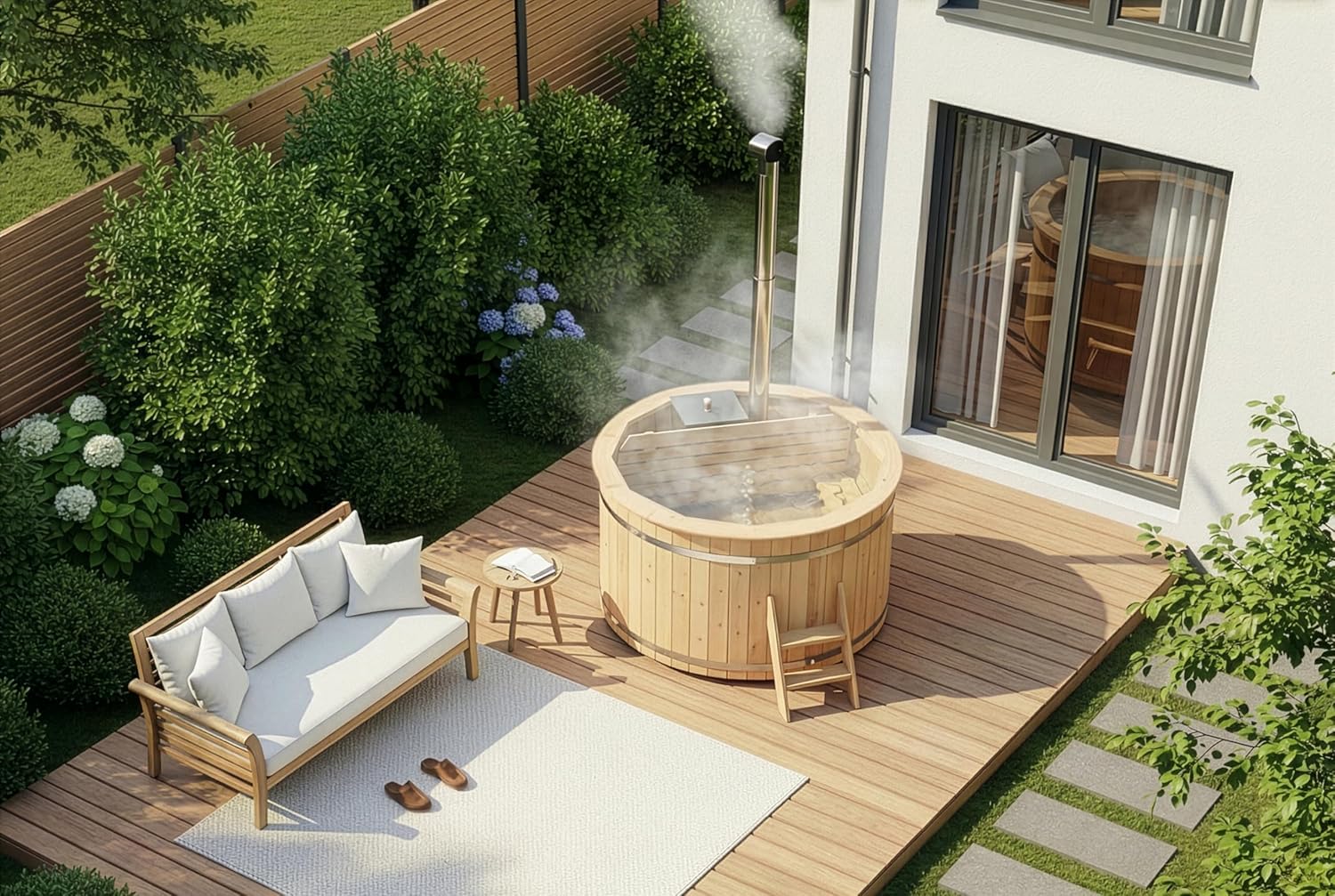 Holz Badefass Bergen, Hot Tub Ø 160 x 110 cm, inkl. Edelstahl-Ofen 22 kW und Einstiegsleiter, 3-4 Personen, Schwimmbecken, Badebottich, Sprudelbad