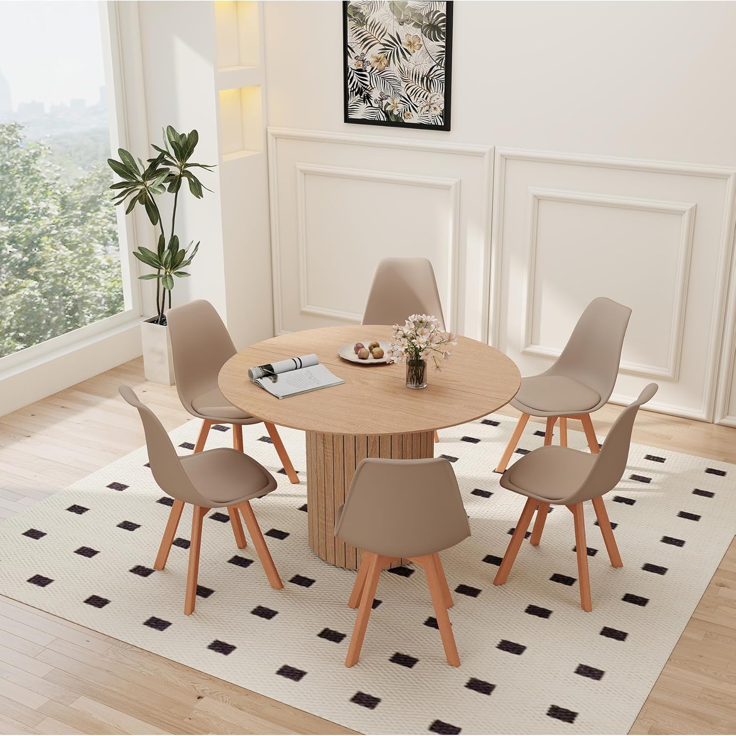 120 cm runder Esstisch mit 6 Esszimmerstühlen, runder Küchentisch mit Holzfuß, MDF-Platte, Küchenstühle mit Kunststofflehne, für 4–6 Personen, Hellbraun +Khaki