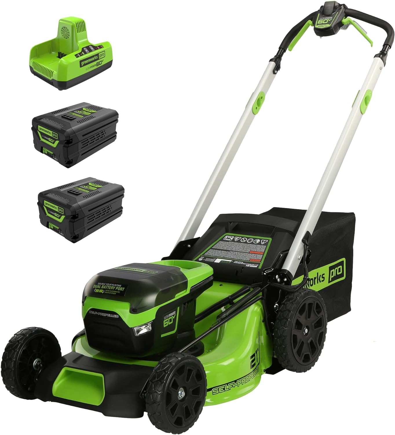2025 Greenworks 60V 21�� Accu Grasmaaier (zelfrijdend), 2 x 4,0 Ah accu��s en snellader met dubbele poort