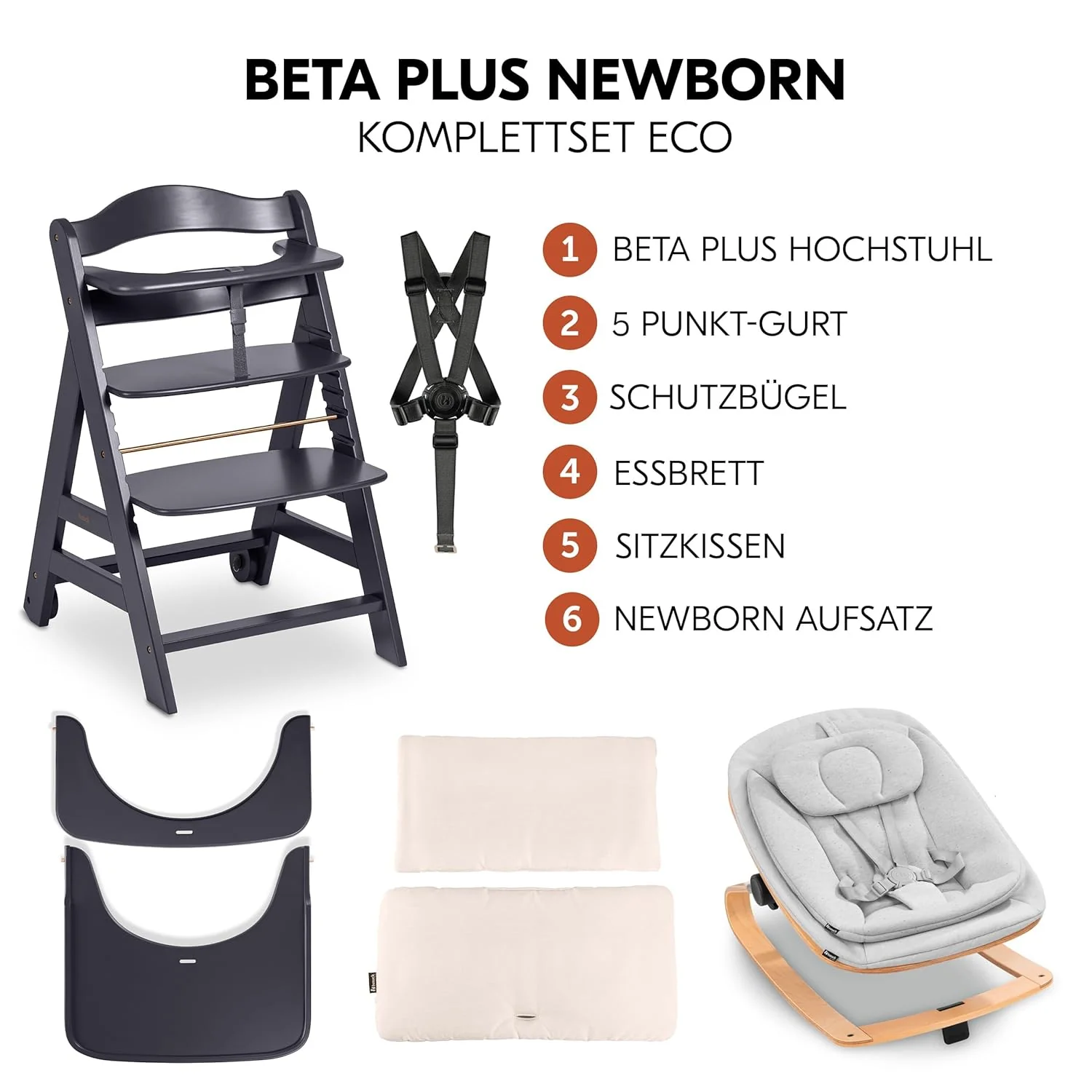 hauck Hochstuhl Beta+ Newborn Set Eco Bouncer - mitwachsender Holz Babyhochstuhl ab Geburt, inkl. Neugeborenenaufsatz, Sitzpolster und Essbrett - Dark Grey
