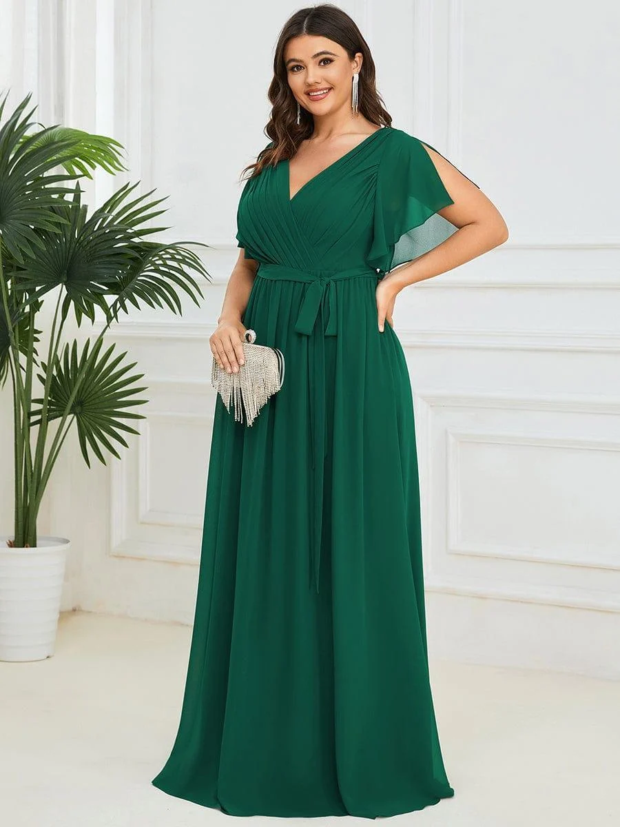 Abendkleid Damen Maxi A-Linie aus Chiffon | Festliches Kleid f��r Hochzeitsg?ste mit V-Ausschnitt und Fl��gel?rmeln