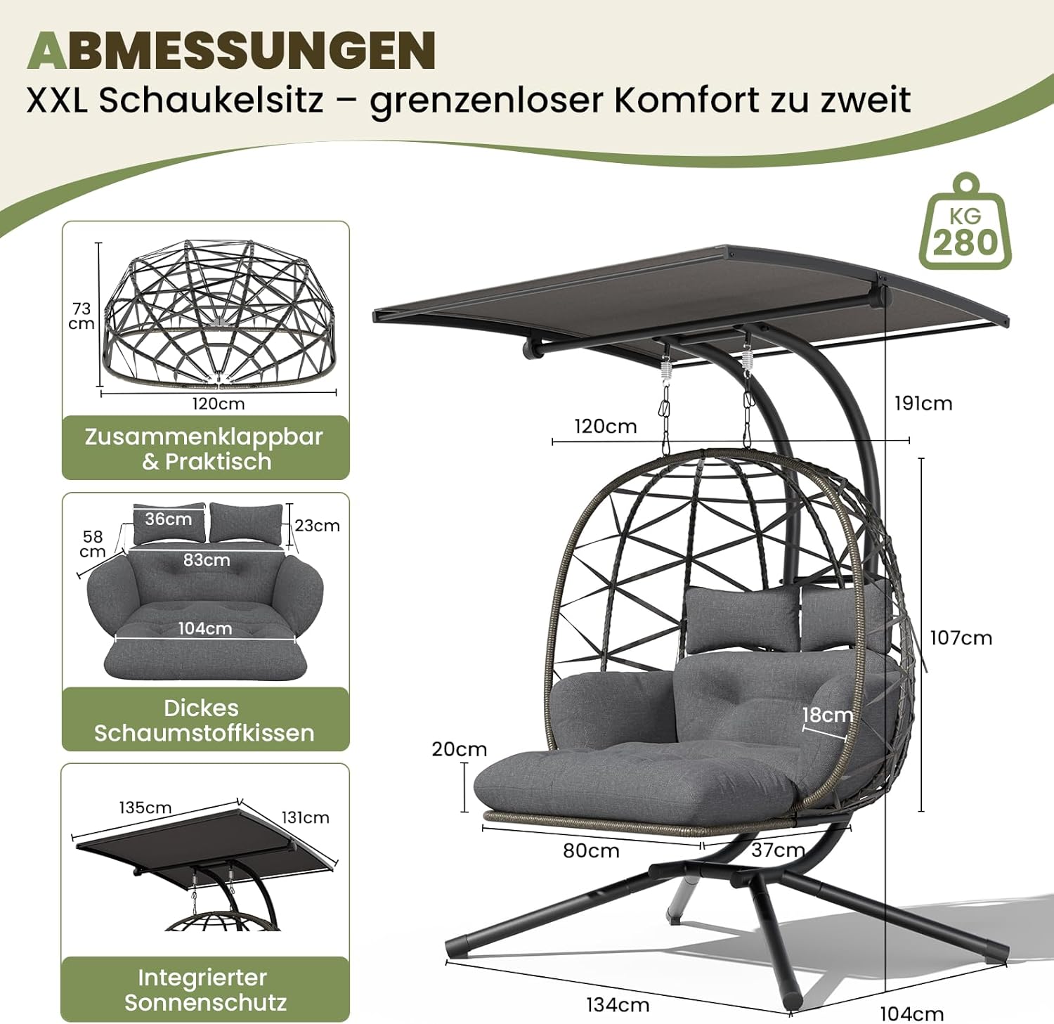 UDPATIO Hängesessel Outdoor mit Gestell, Hängeschaukel mit Sonnendach & Fußablage, Hängestuhl bis 280KG für 2 Personen, Verstellbare Kuppel & Dicke Kissen, Schaukel Sessel Garten, Balkon, Grau