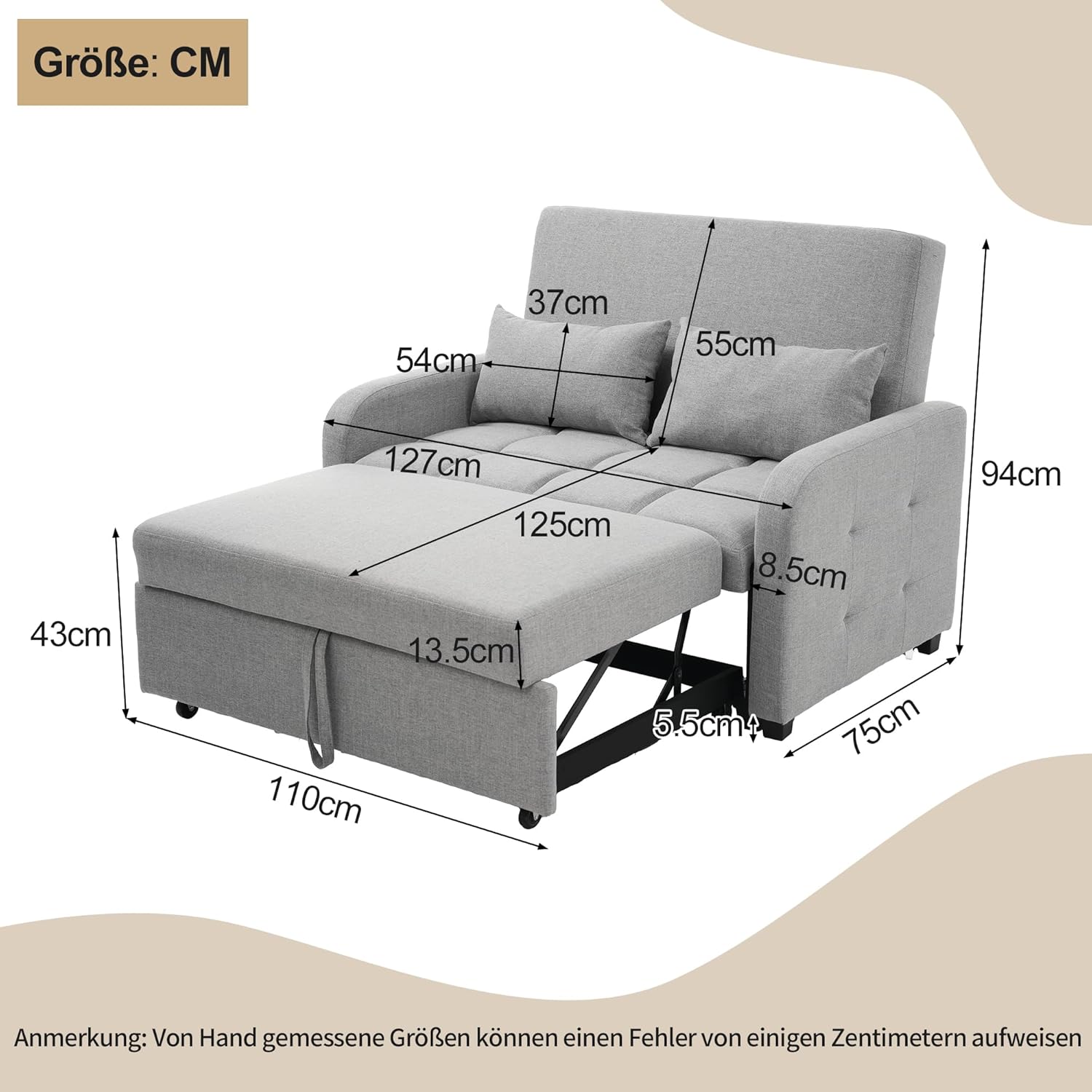 Zweisitzer Sofa mit Schlaffunktion, Verstellbares Rückenteil Sofa, klappsofa mit schlaffunktion, Komfort SofaBett für kleine Wohnungen Studentenwohnheime, 127x75 cm, Dunkelgrau