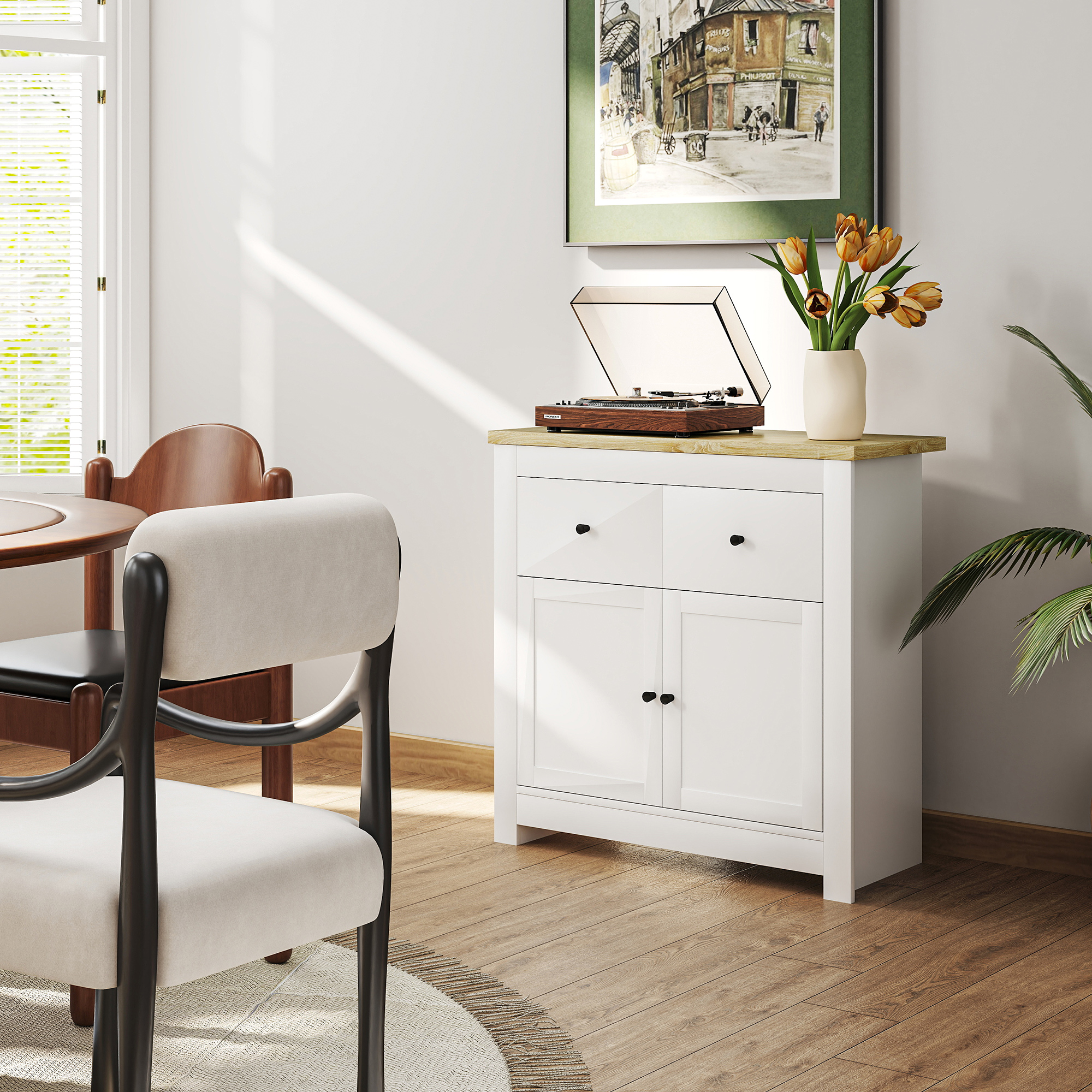 Ladekast met veel Opbergruimte, Sideboard met Soft-Close Deuren, 2 Laden, Verstelbare Plank, Wit