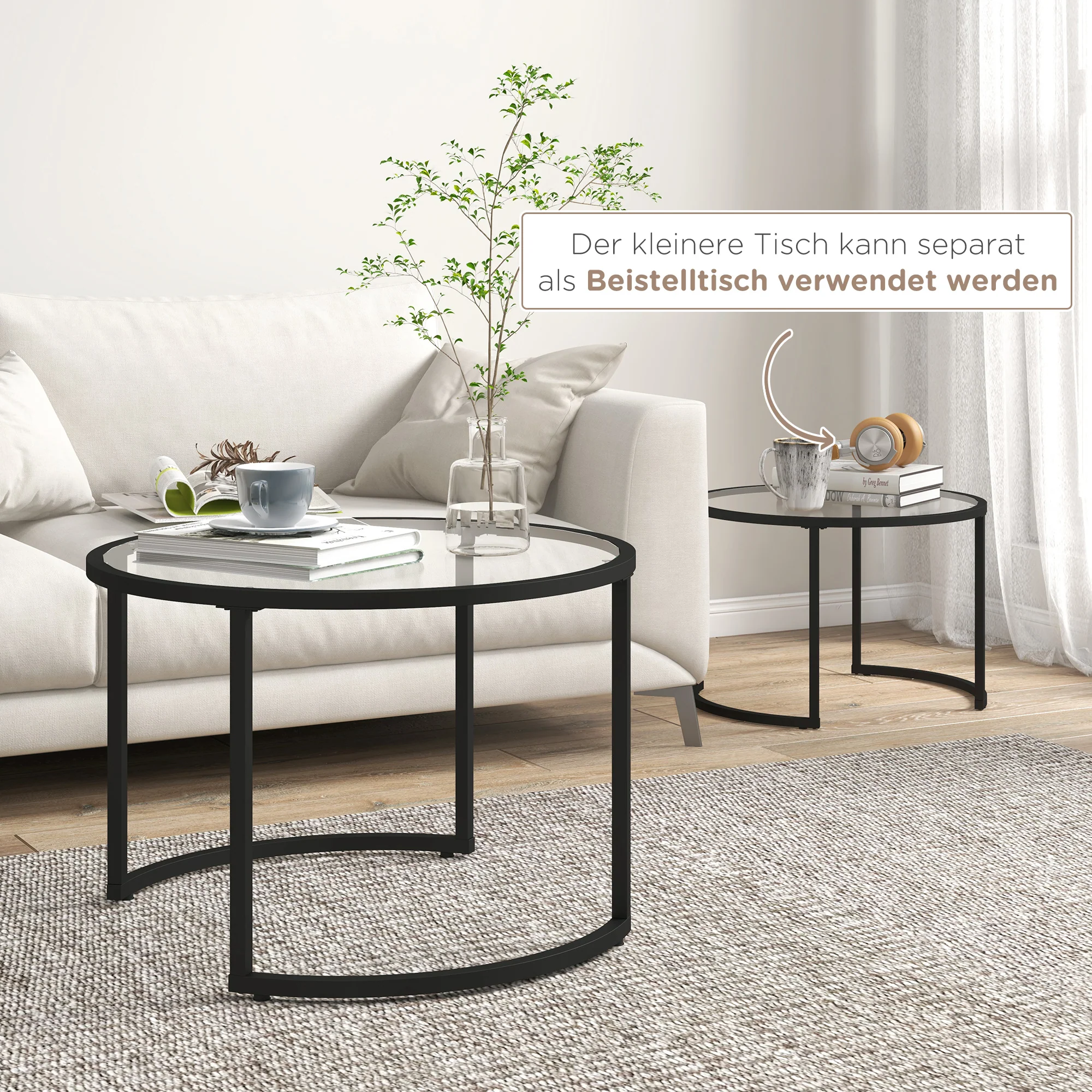 HOMCOM 2-delige Bijzettafels Salontafels Industrieel Design, Glazen Tafels, stapelbaar, Zwart + Transparant