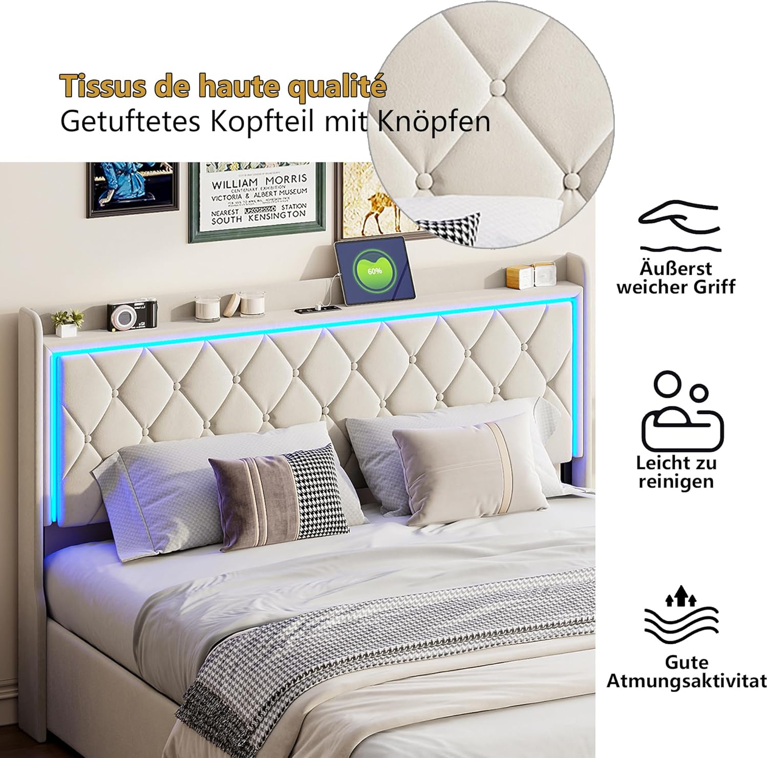 Bett 140x200 mit stauraum, Polsterbett mit LED-Kopfteil, Doppelbett mit USB und Lattenrost, Hydraulischem Stauraum und Metallrahmen, Jugendbett, Bettgestell, Boxspringbett, Samt Beige, Ohne Matratze