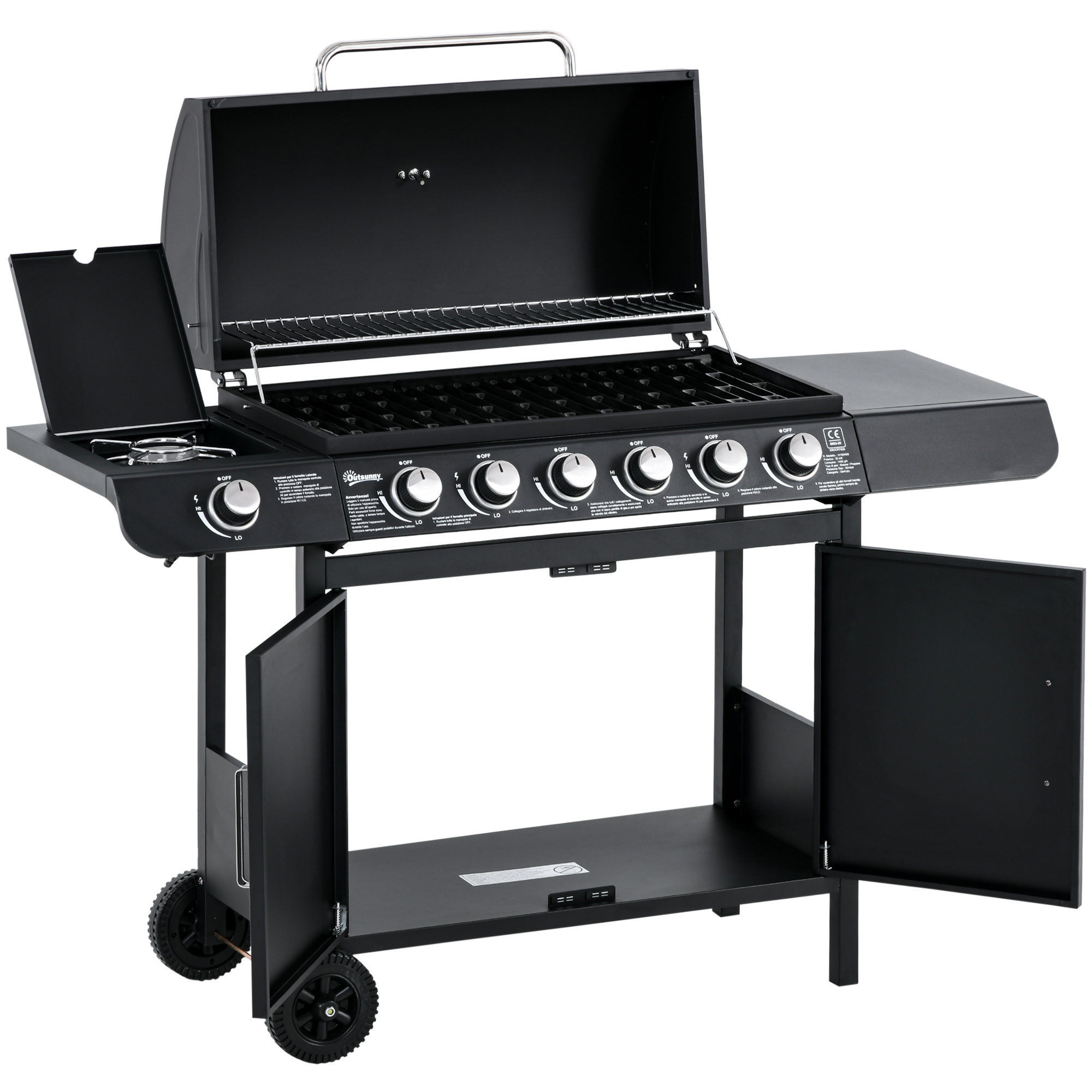 gasgrill BBQ-grillwagen met 6 branders 1 zijbrander kast multifunctioneel metaal zwart 135 x 50 x 100 cm