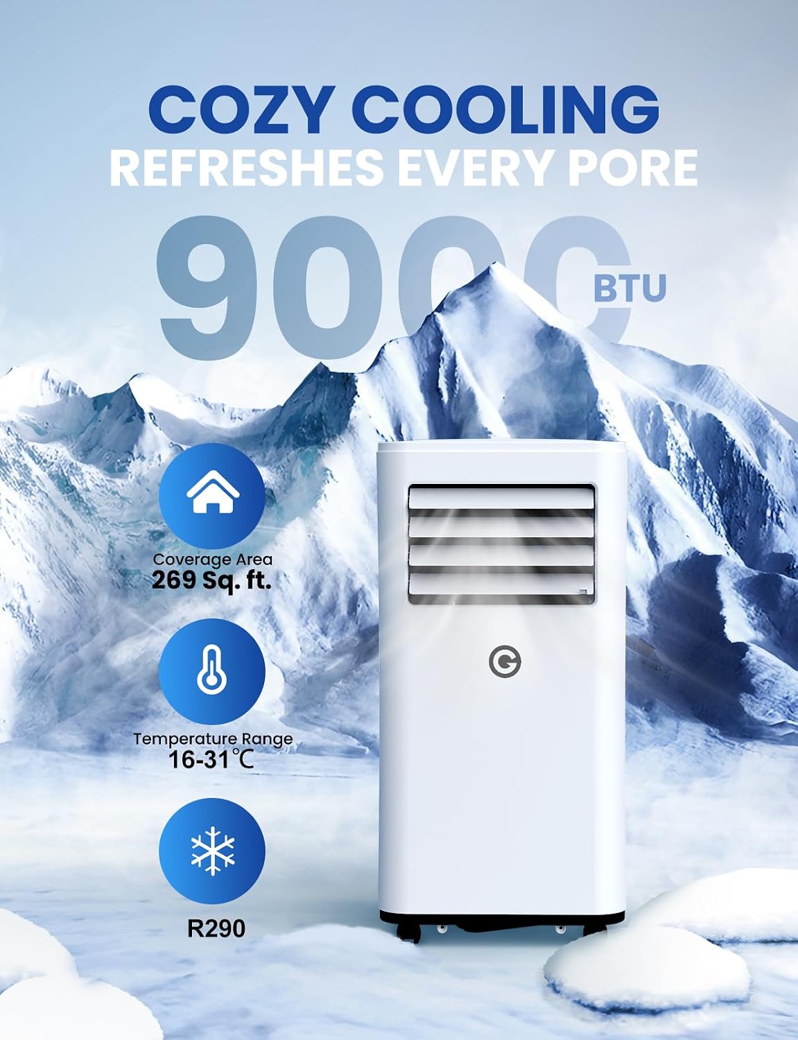 9000 BTU Aire Acondicionado Portátil, 4 en 1: Refrigeración, Ventilador, Deshumidificador y Modo Sueño, Silencioso, con Mando, Temporizador 24h y Kit de Ventana, para Dormitorio, Oficina, Garaje, 33㎡