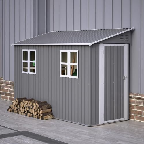 Geräteschuppen Metall 4 x 10 Fuß Anlehn-Design, Gerätehaus mit Fenster & Pultdach, wetterfester Stahlschuppen als Fahrradgarage für 2-3 Fahrräder, Mülltonnenbox & Gartengerätehaus, abschließbar, Grau