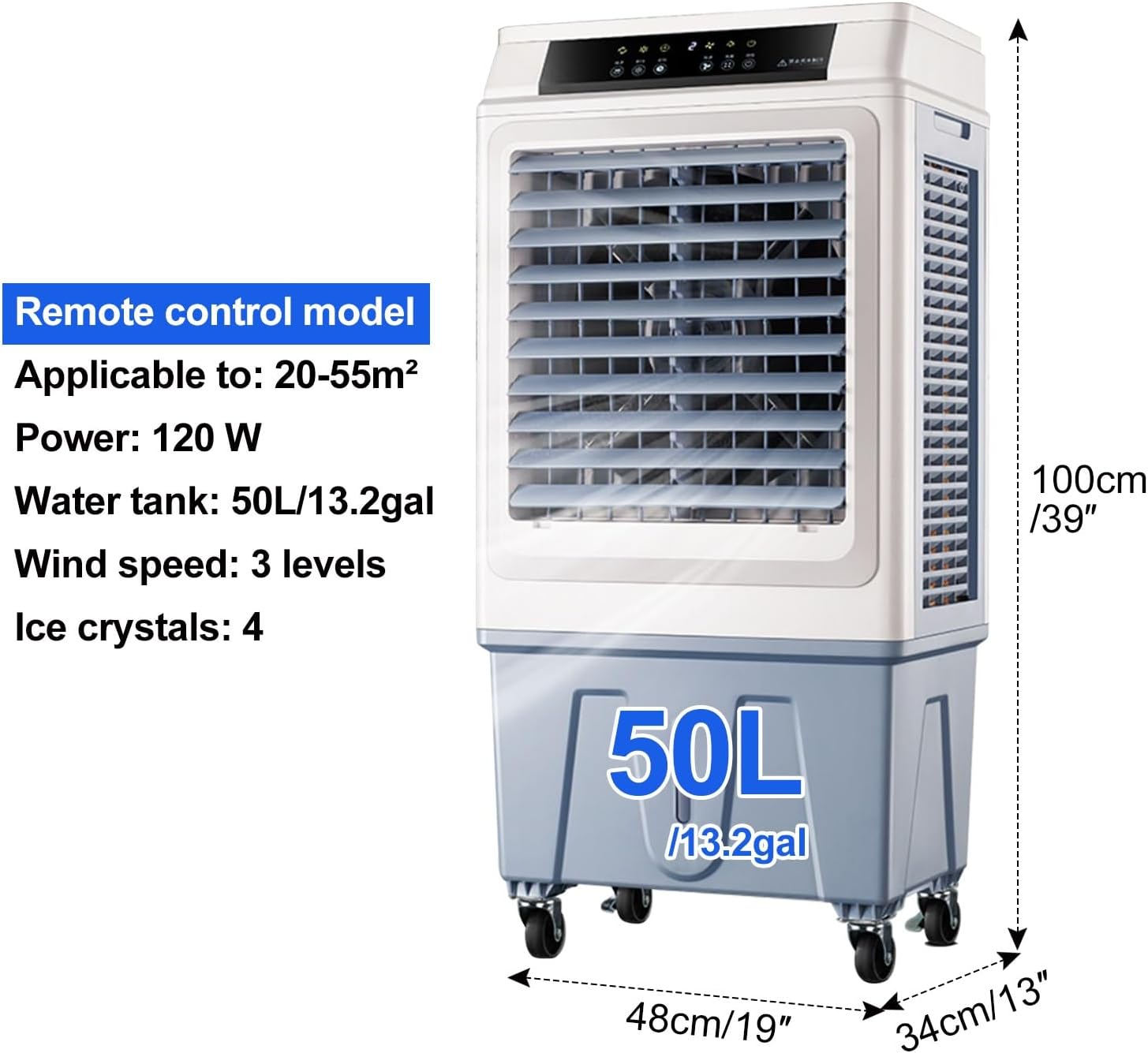 Tragbare Klimaanlage Verdunstungskühler mit 50L Wassertank, Fernbedienung, 3-Gang-Lüfter, 120° Oszillation