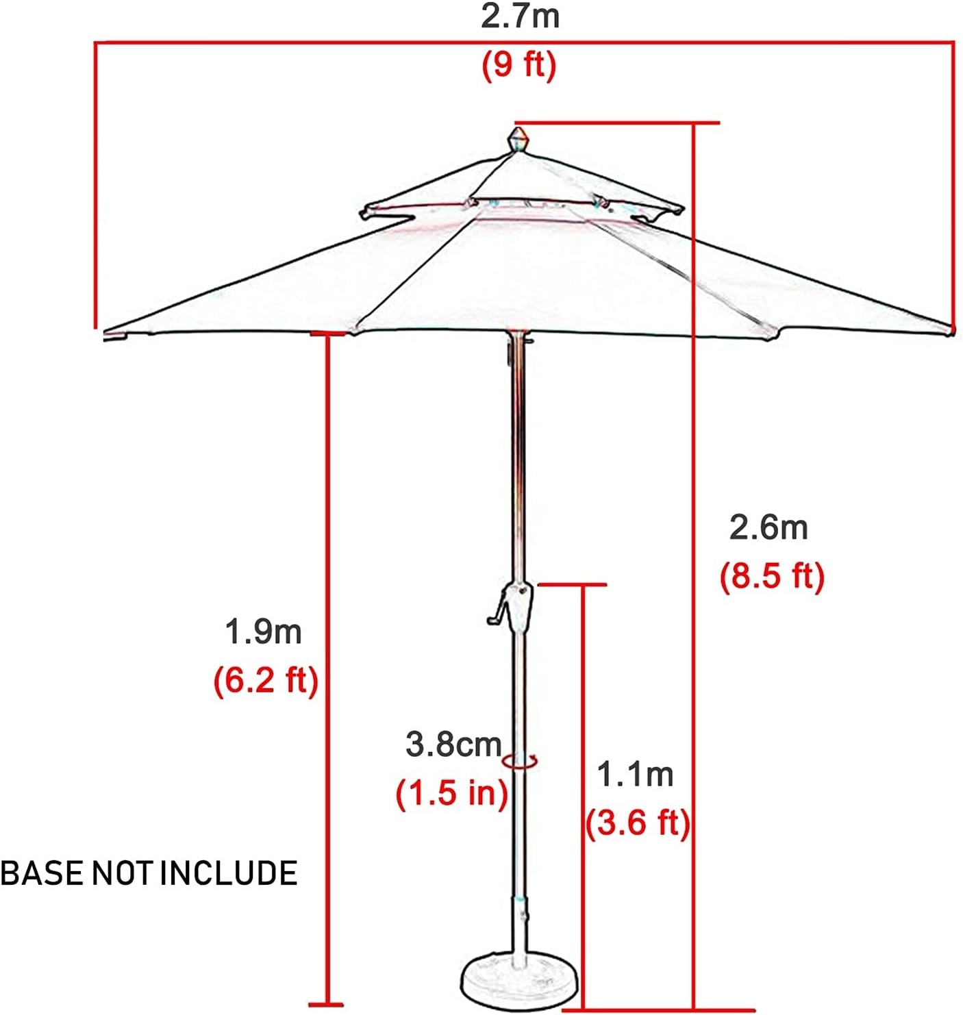 Garten Parasole 9ft 2-Tiers Strohstrand Regenschirm mit Kurbelgriff, Hochleistungs-wasserdichte Markttisch Parasol für Garten, Terrasse, Rasen, Hinterhof, Schwimmbad und Balkon im Freien Parasole