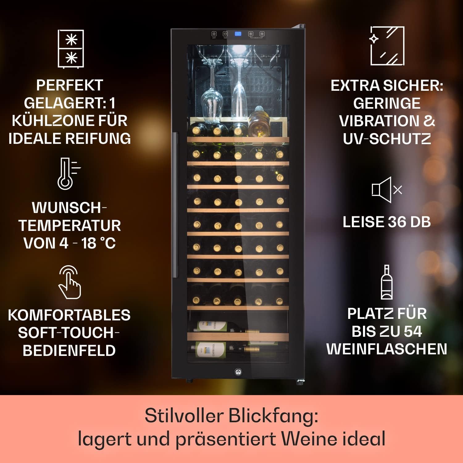Klarstein Weinkühlschrank, Getränkekühlschrank Schmal, 1 Zone Kühlschrank mit Glastür, Getränkekühlschränke Freistehend, Weinkühlschrank Klein, Weinkühlschränke mit UV-Schutz, 4-18°C, 54 Flaschen